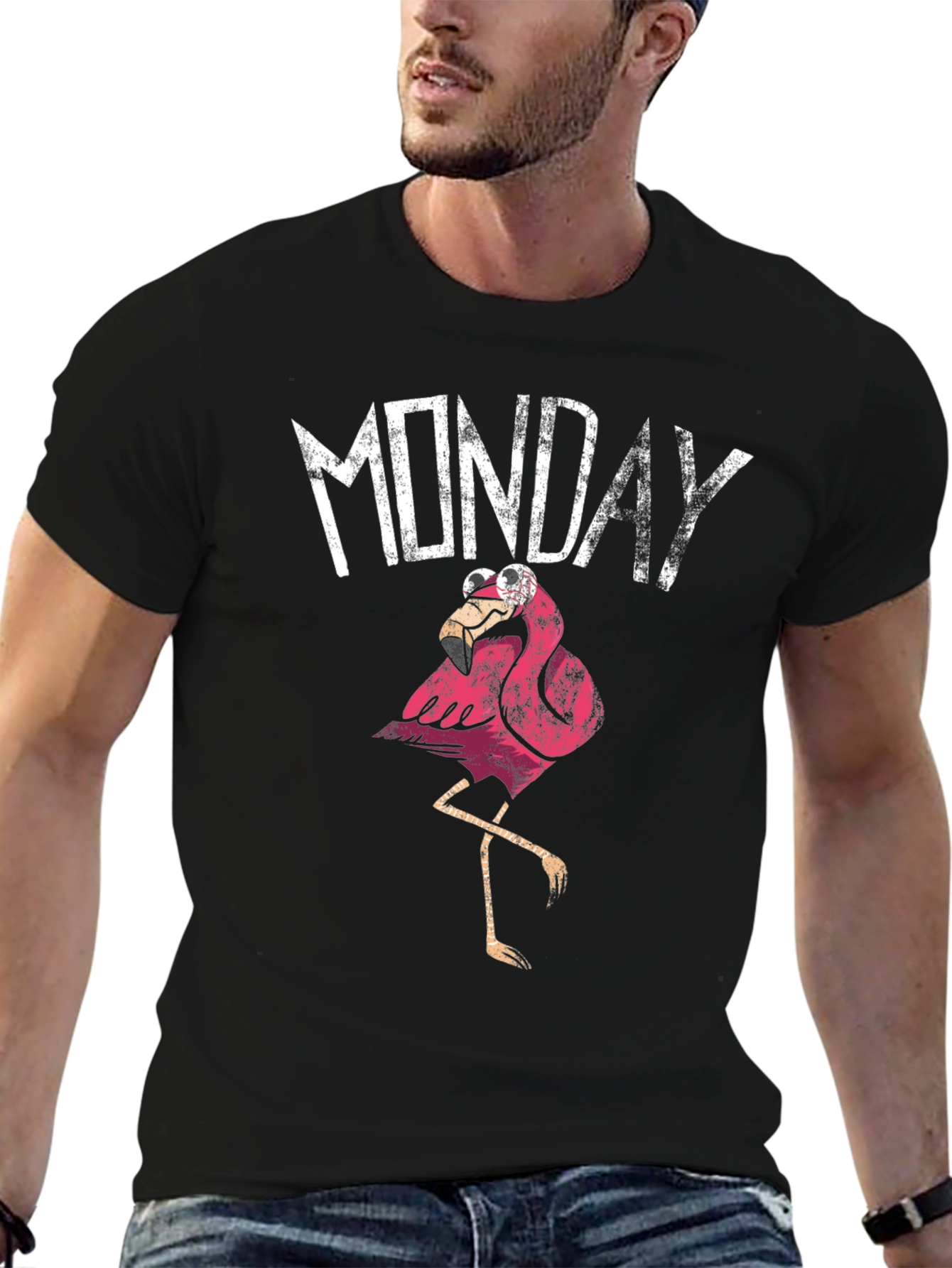 Funny Monday Flamingo Graphic T-Shirt - Black