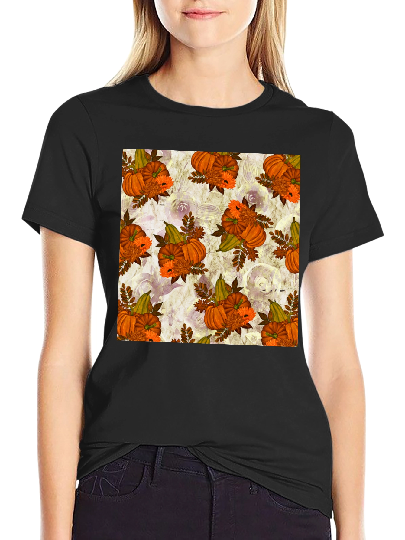Pumpkin Floral Print Tee - Seasonal Style
