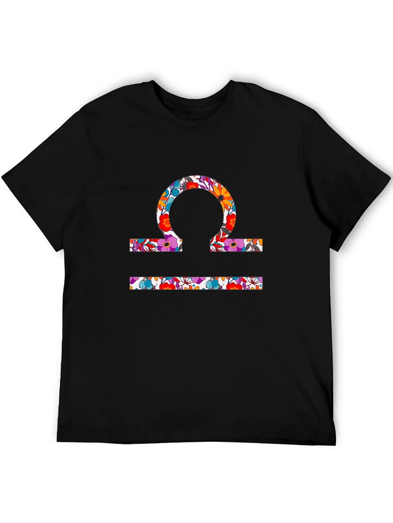 Floral Libra Zodiac Sign Black T-Shirt