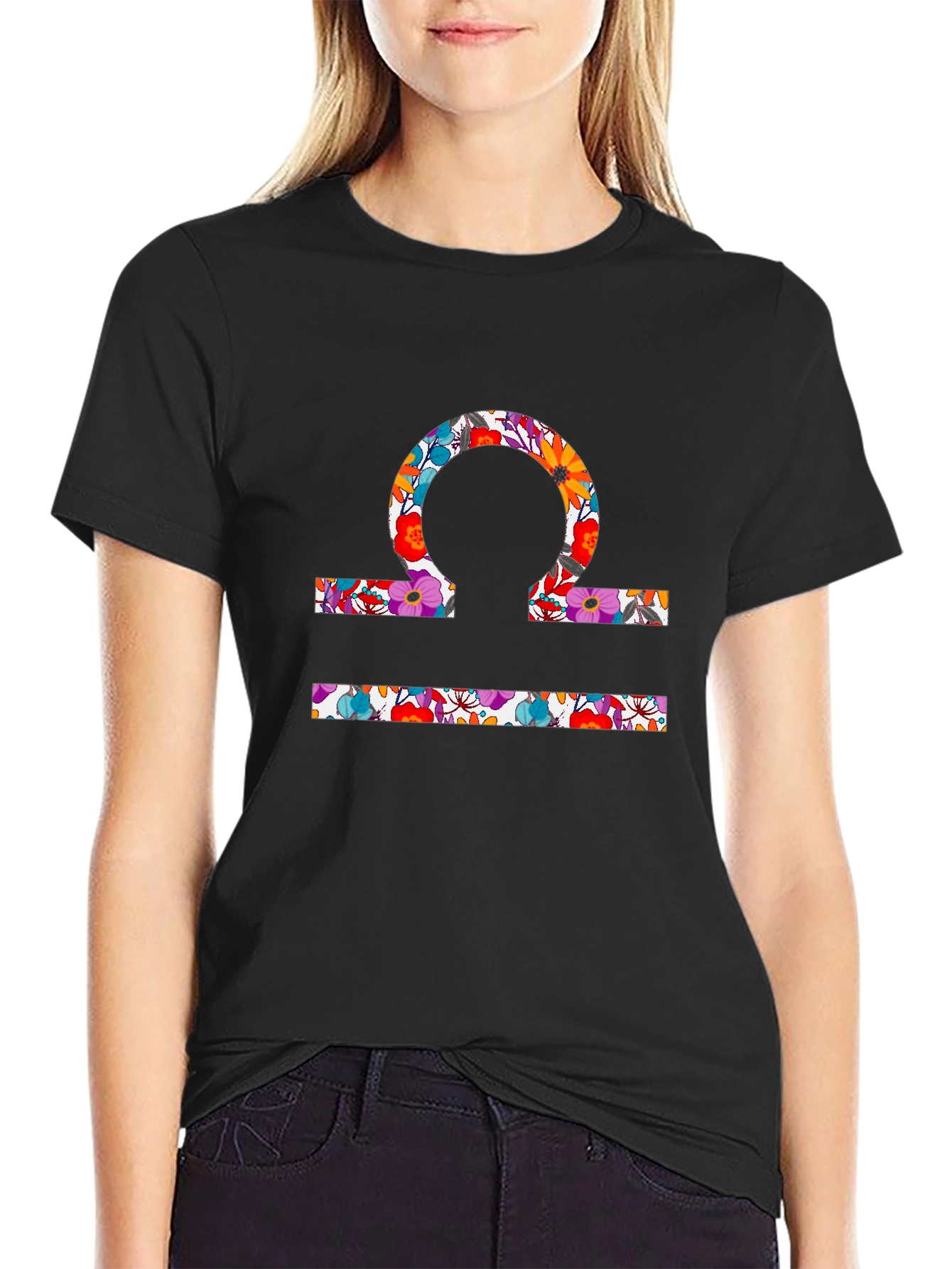 Floral Libra Zodiac Sign Black T-Shirt
