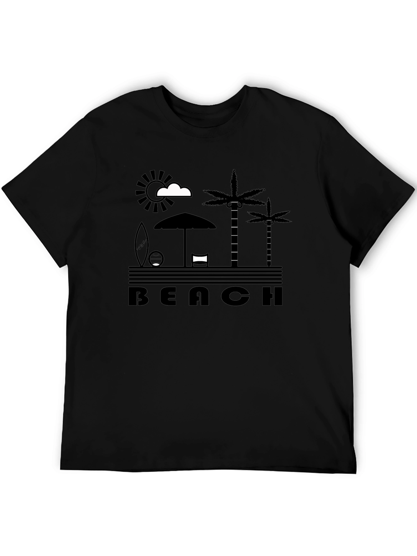Beach Scene Graphic Tee - Black Cotton T-Shirt