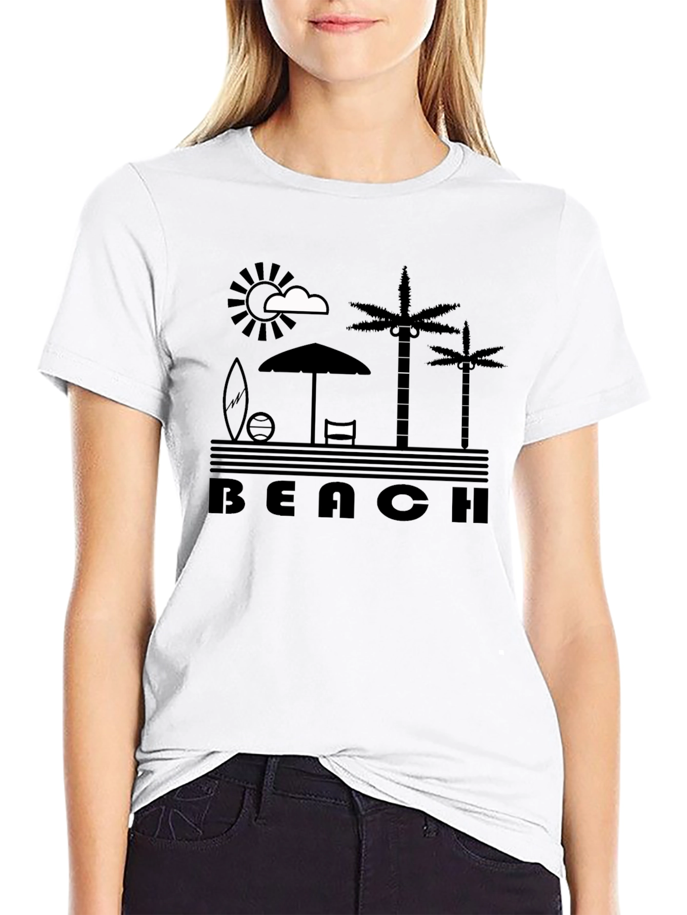 Beach Scene Graphic Tee - Black Cotton T-Shirt
