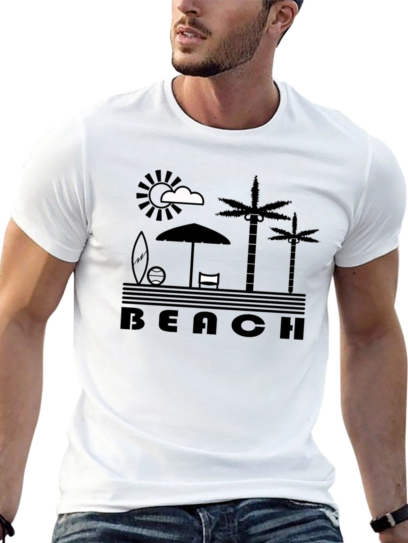 Beach Scene Graphic Tee - Black Cotton T-Shirt