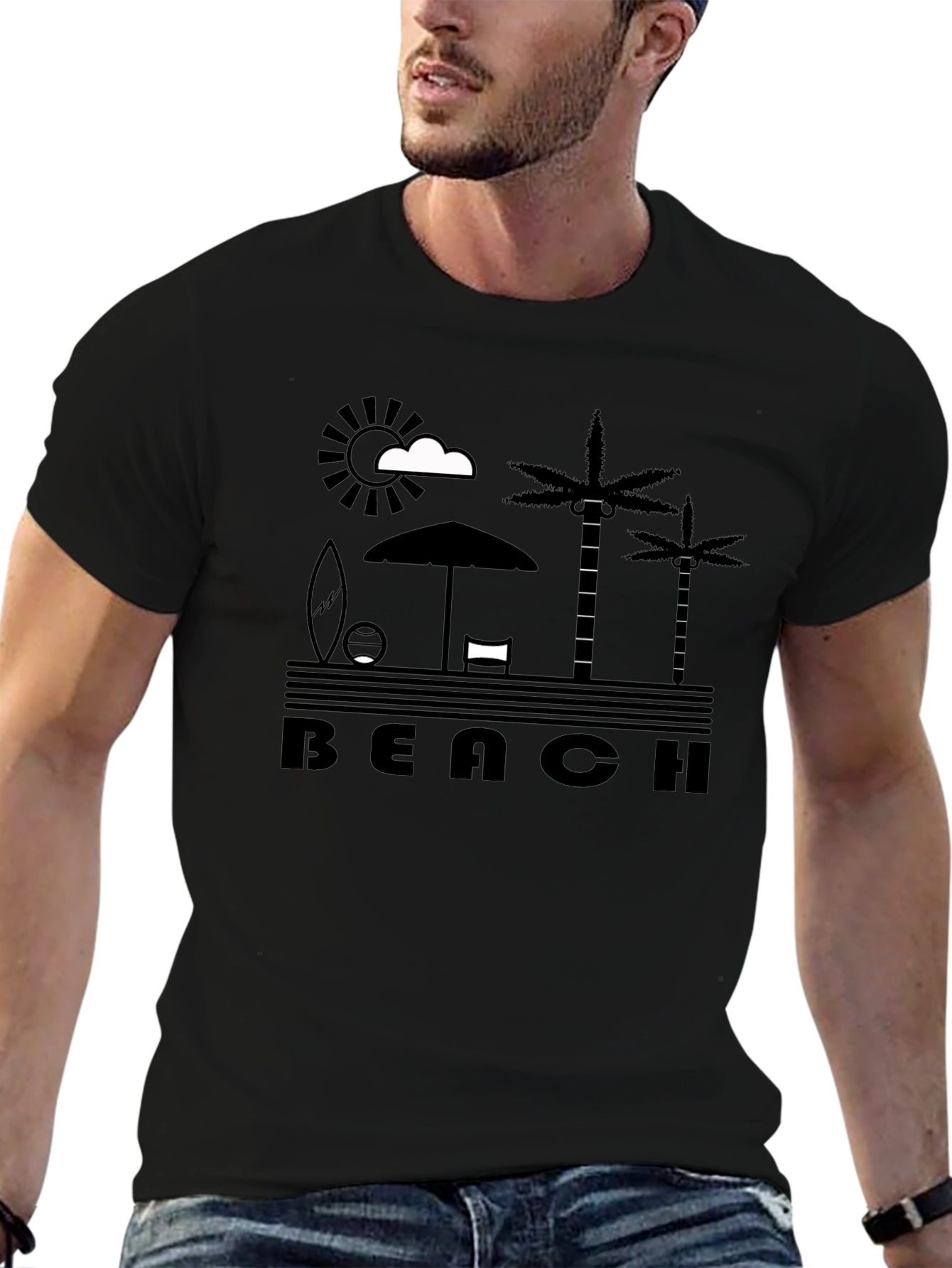 Beach Scene Graphic Tee - Black Cotton T-Shirt