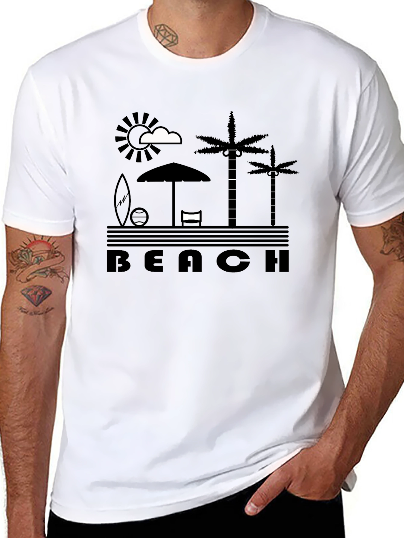 Beach Scene Graphic Tee - Black Cotton T-Shirt