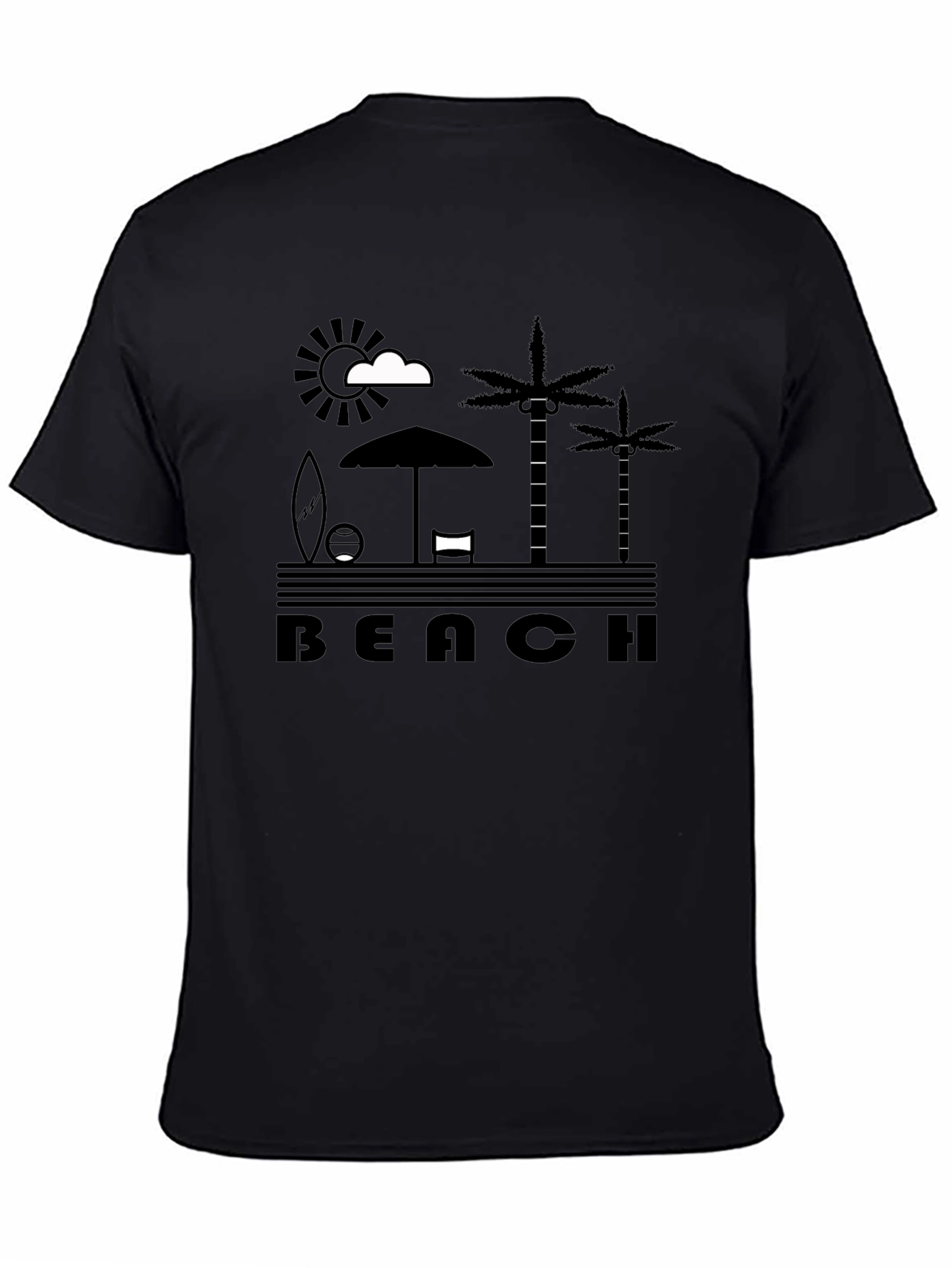 Beach Scene Graphic Tee - Black Cotton T-Shirt