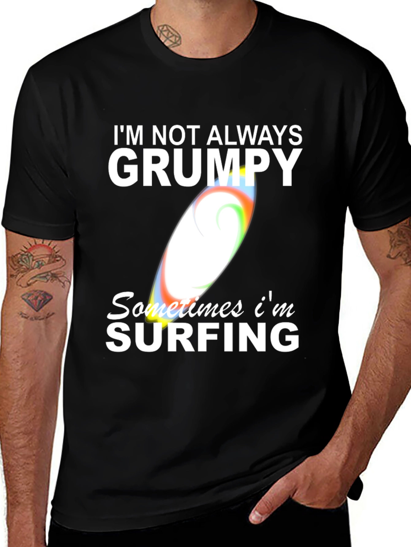 Grumpy Surfing Graphic Tee - Mens Black Cotton T-Shirt