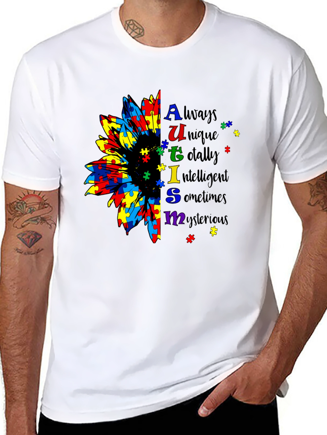 Autism Awareness Sunflower Puzzle Piece Graphic T-Shirt