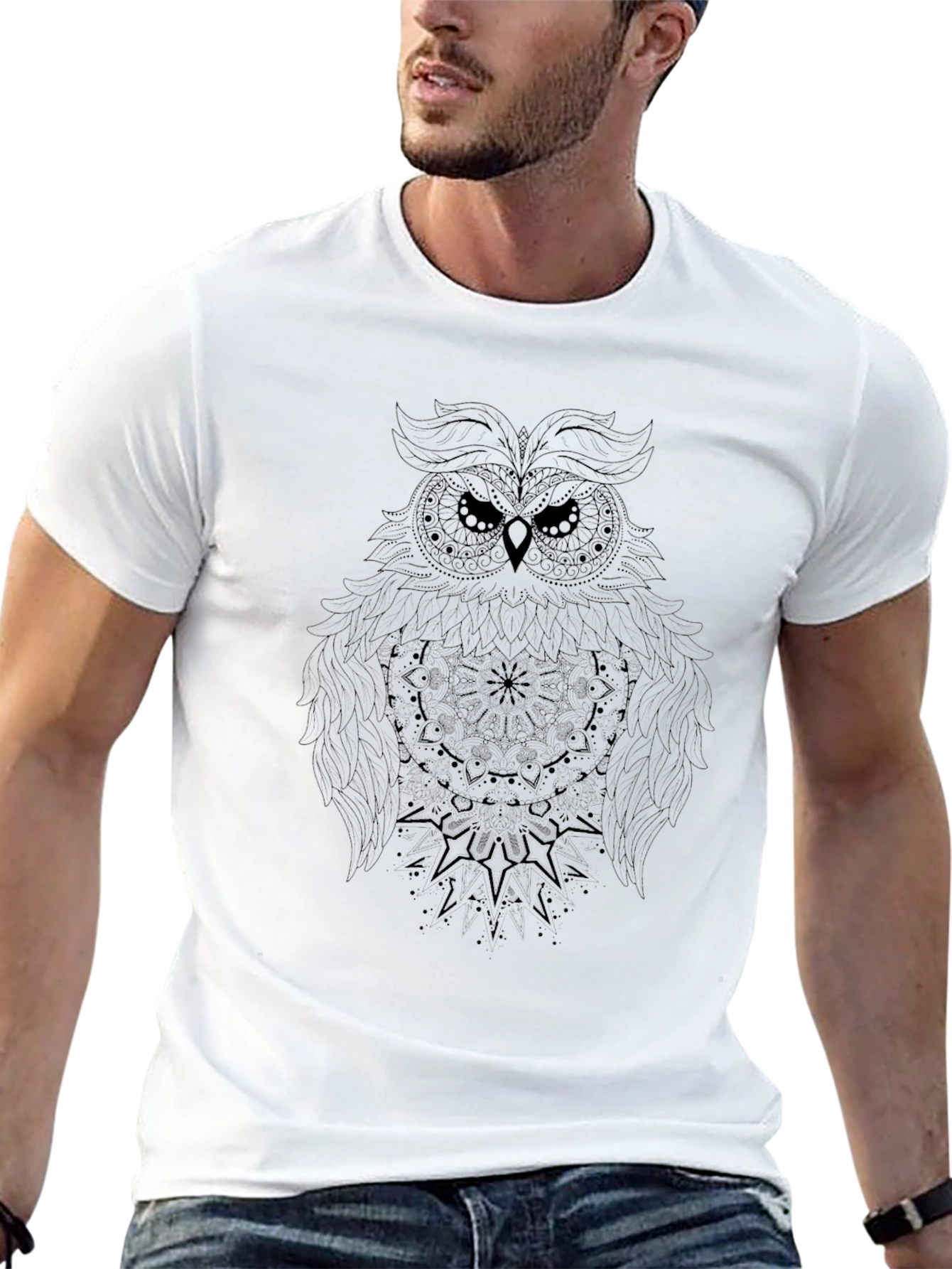 Owl Mandala Graphic Print Black T-Shirt