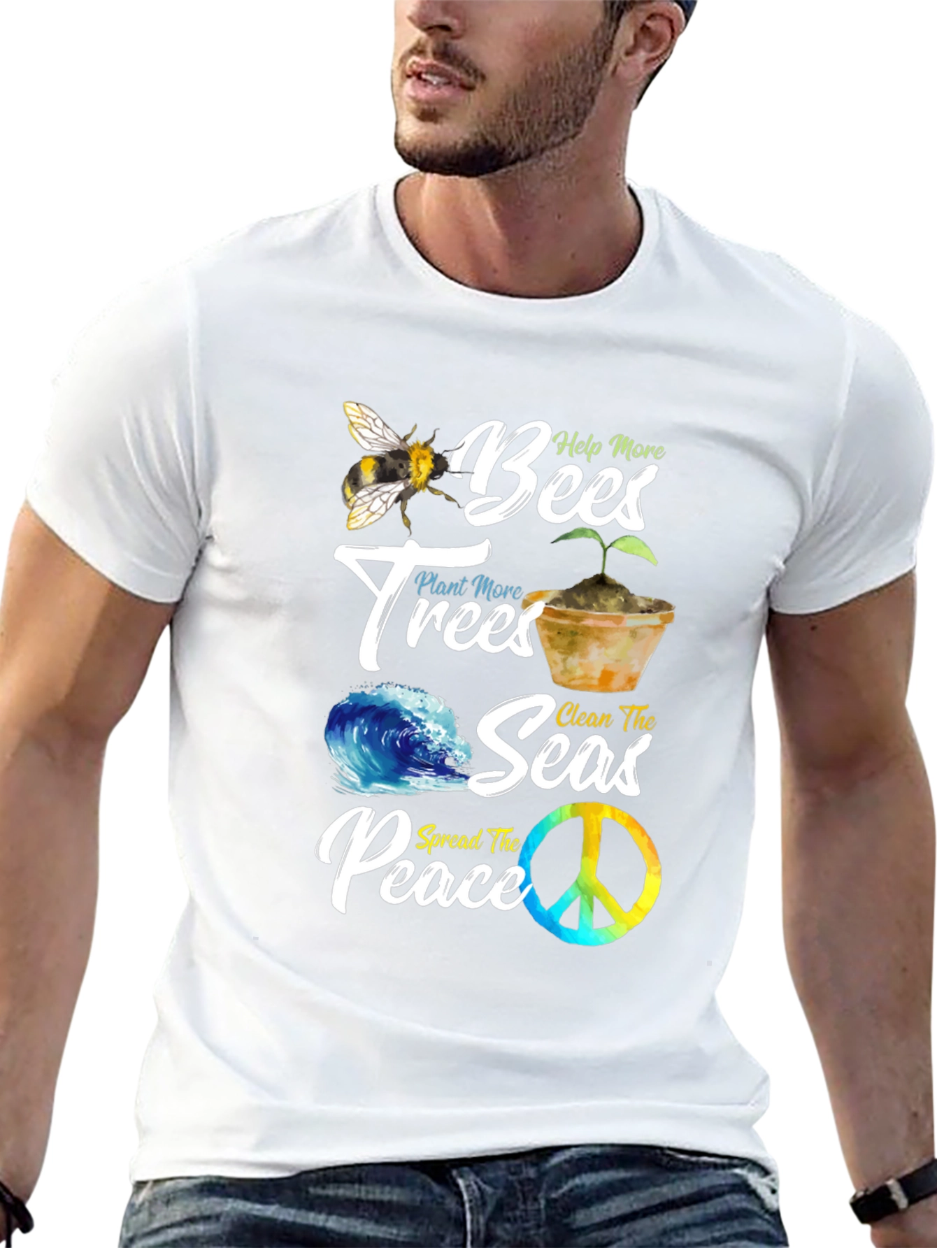 Eco-Friendly Graphic Tee: Bees Trees Seas Peace