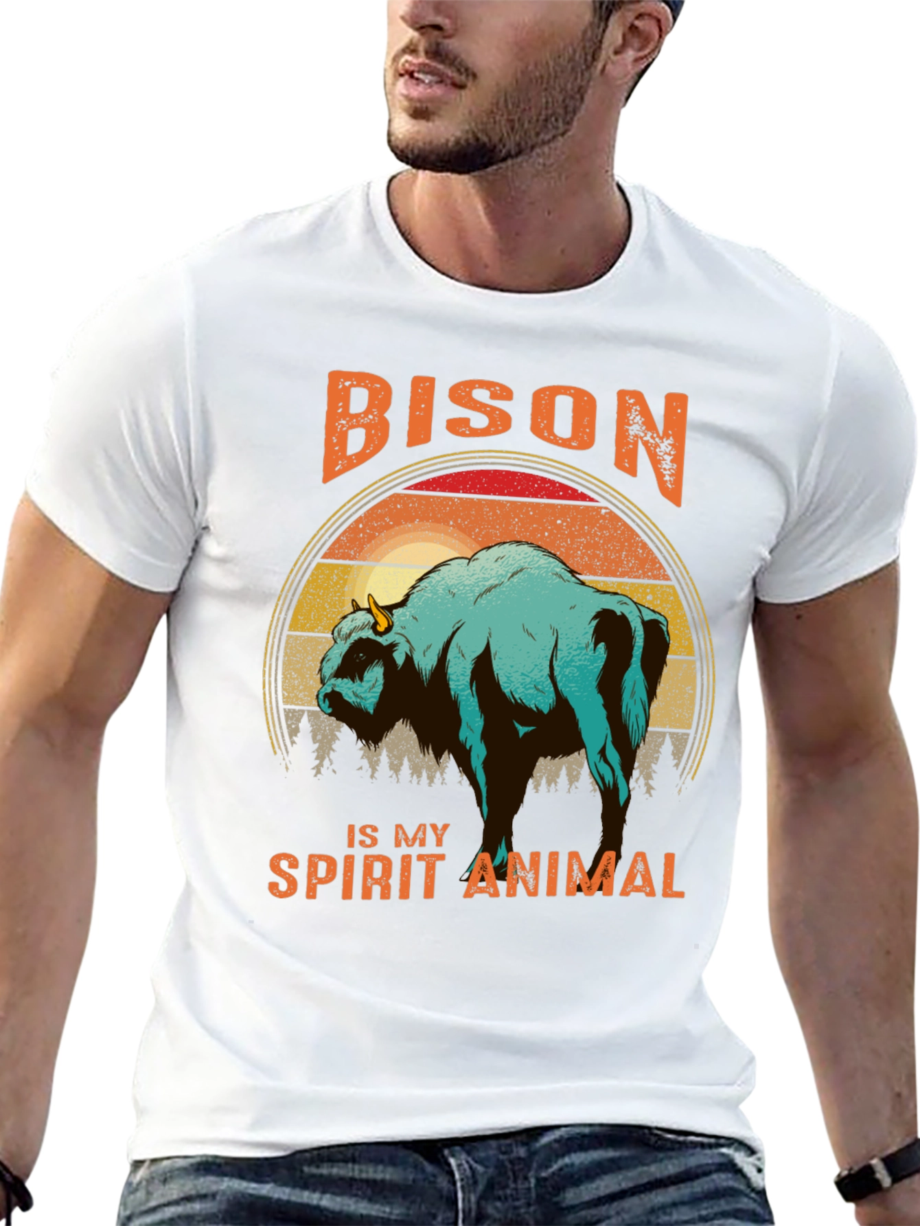 Bison Spirit Animal T-Shirt - Retro Sunset Design