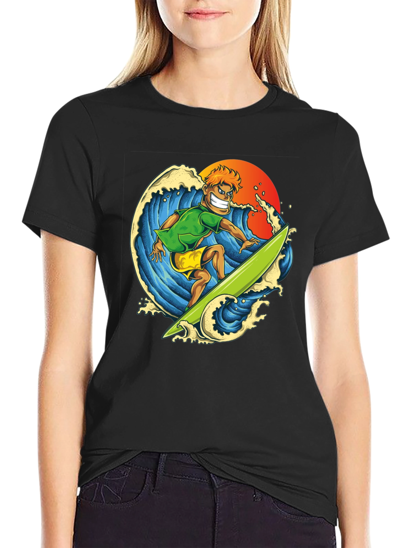 Surfer Dude Graphic Tee - Black Cotton T-Shirt