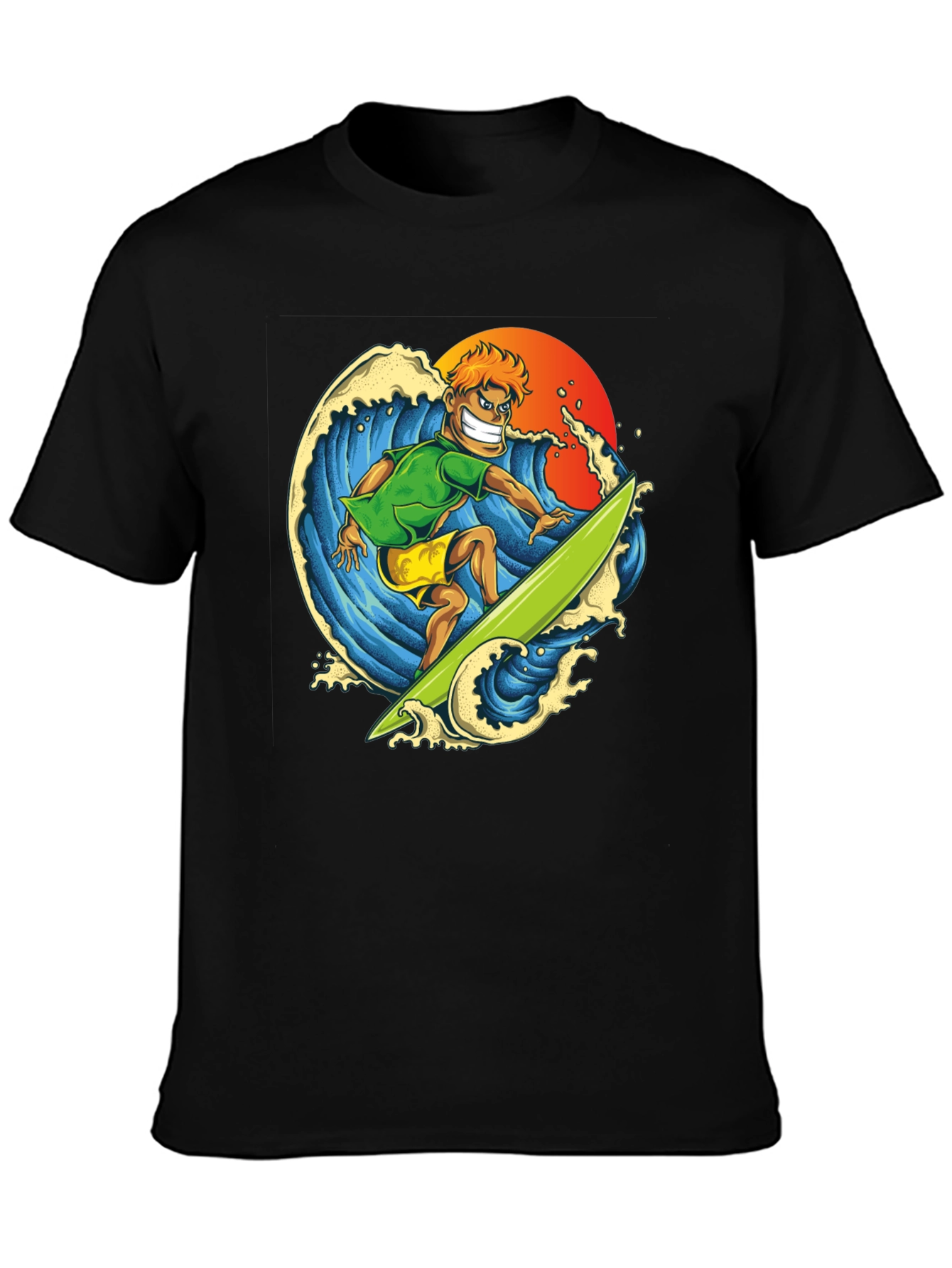 Surfer Dude Graphic Tee - Black Cotton T-Shirt