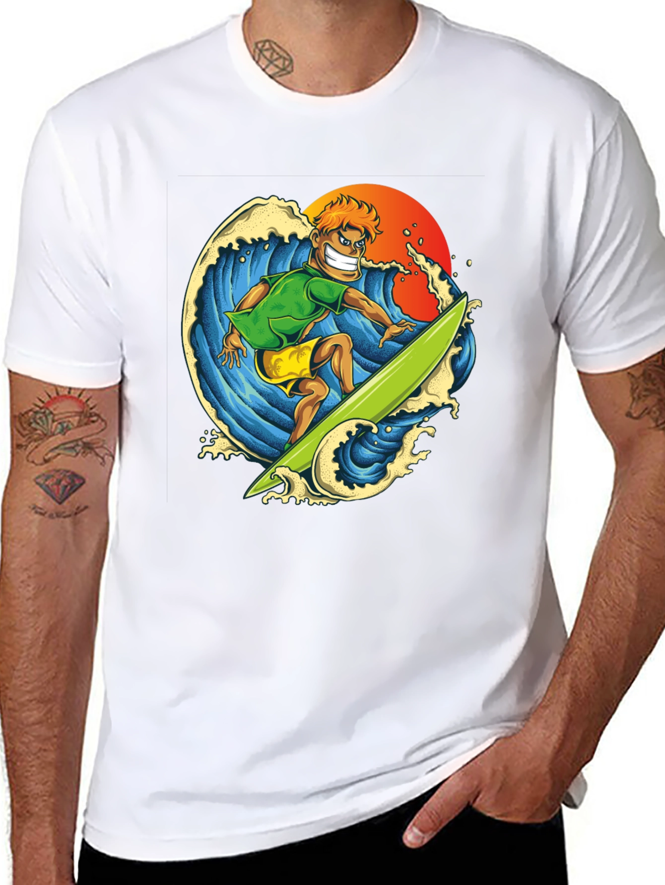 Surfer Dude Graphic Tee - Black Cotton T-Shirt