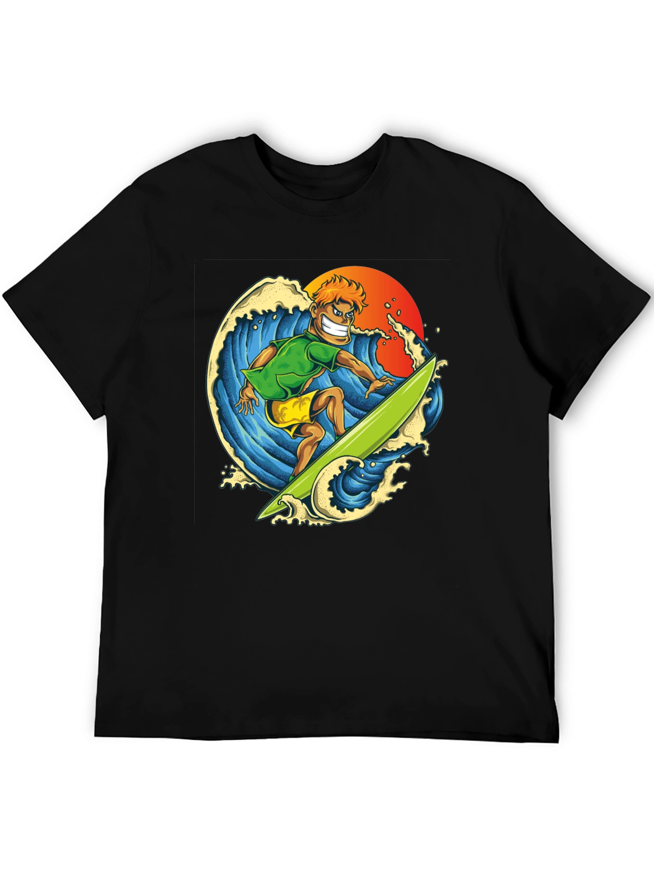 Surfer Dude Graphic Tee - Black Cotton T-Shirt