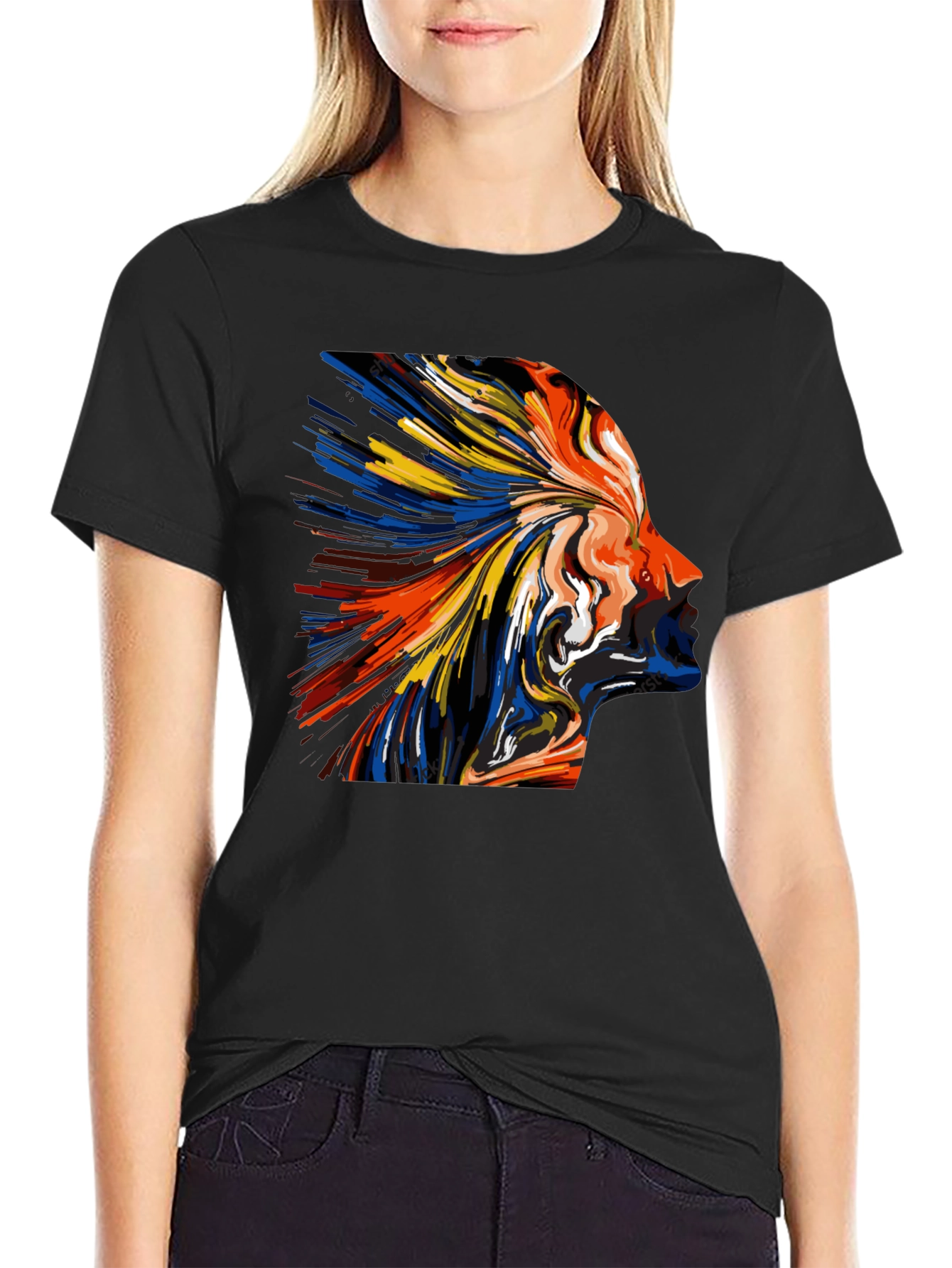 Abstract Face Art Print Tee - Black