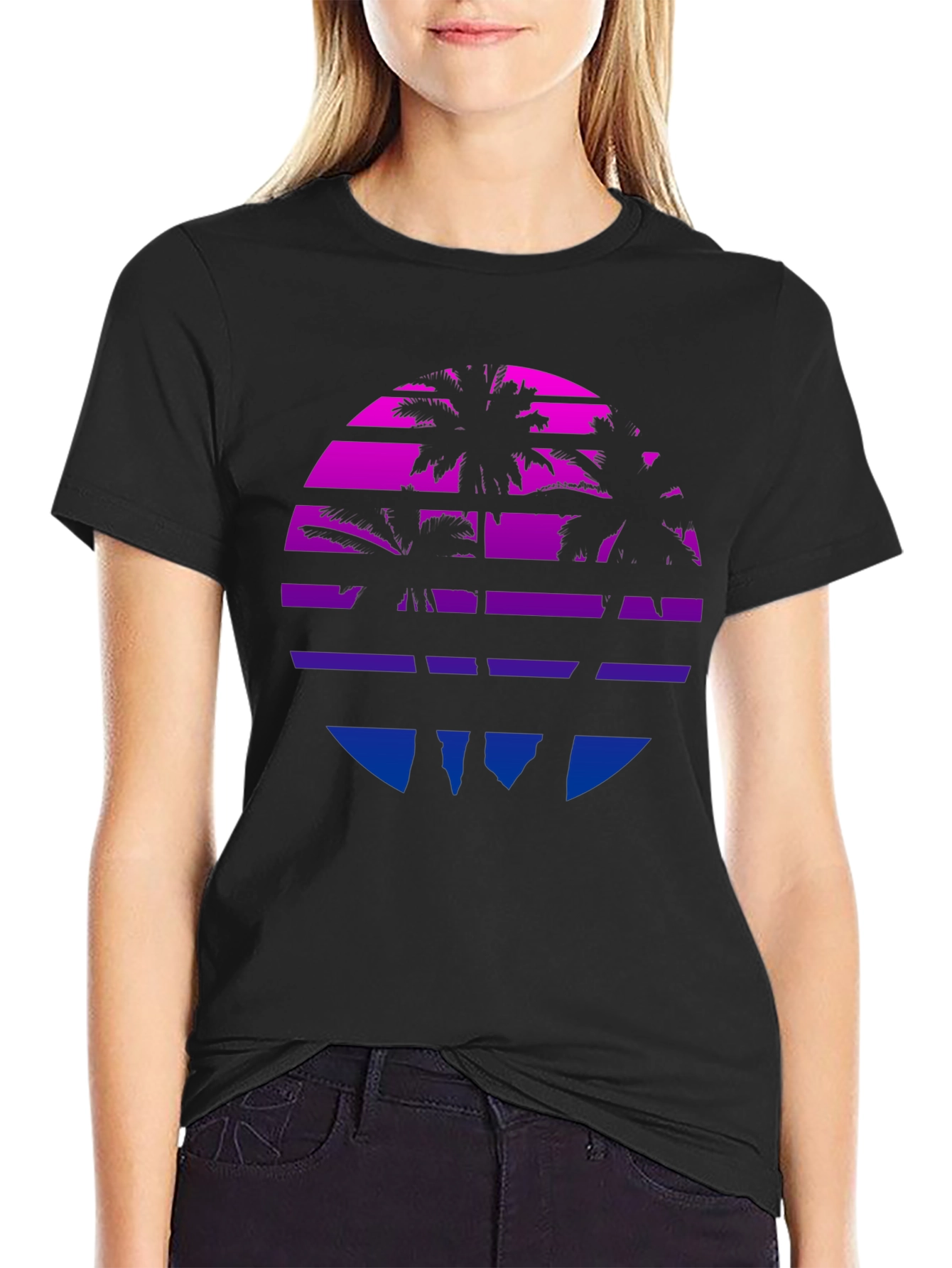 Retro Sunset Palm Tree Graphic Tee - Black
