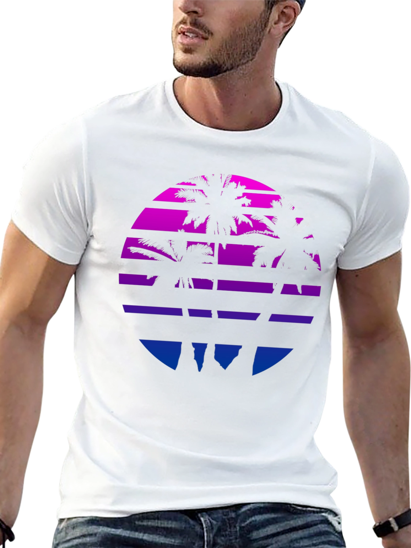 Retro Sunset Palm Tree Graphic Tee - Black
