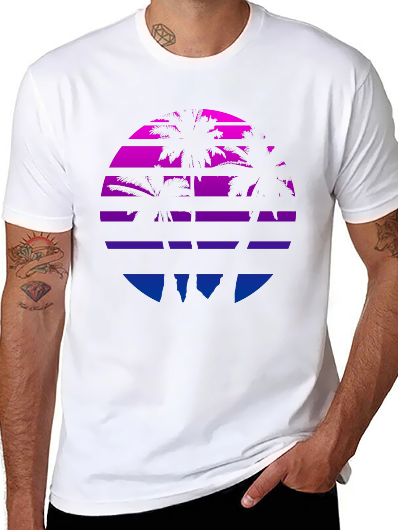 Retro Sunset Palm Tree Graphic Tee - Black