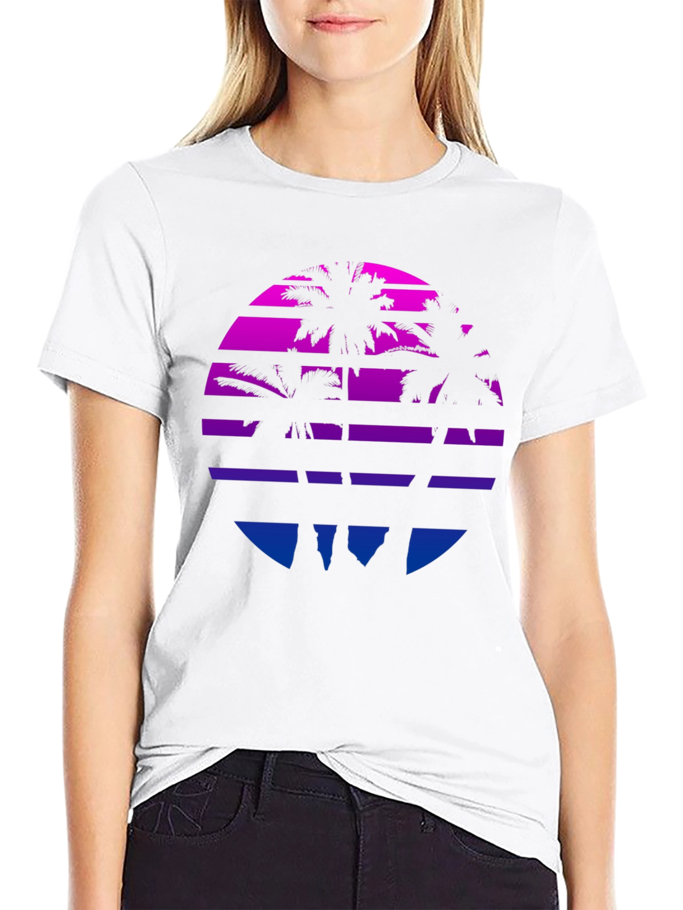 Retro Sunset Palm Tree Graphic Tee - Black