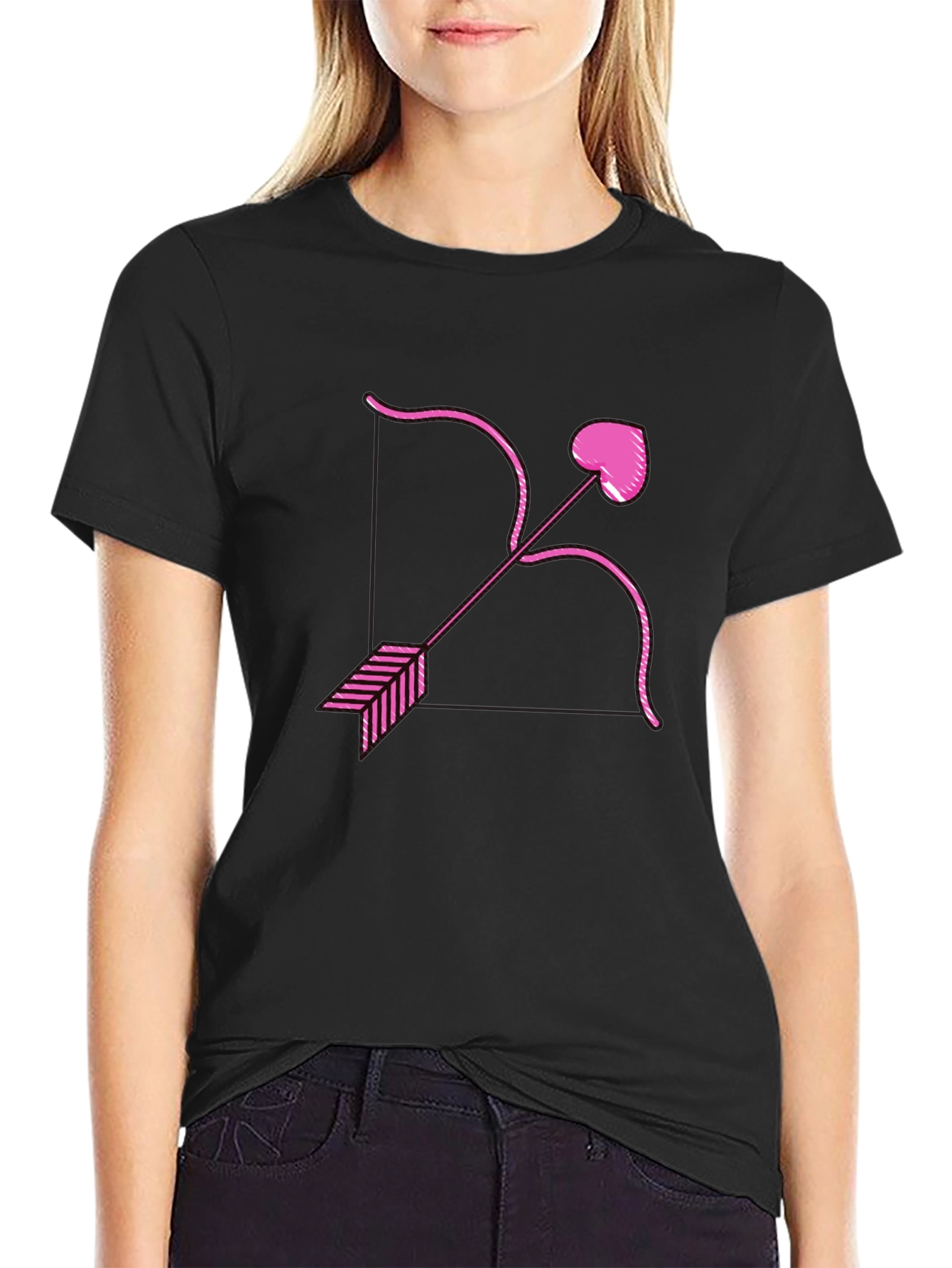 Cupids Bow Heart Arrow Graphic Black T-Shirt