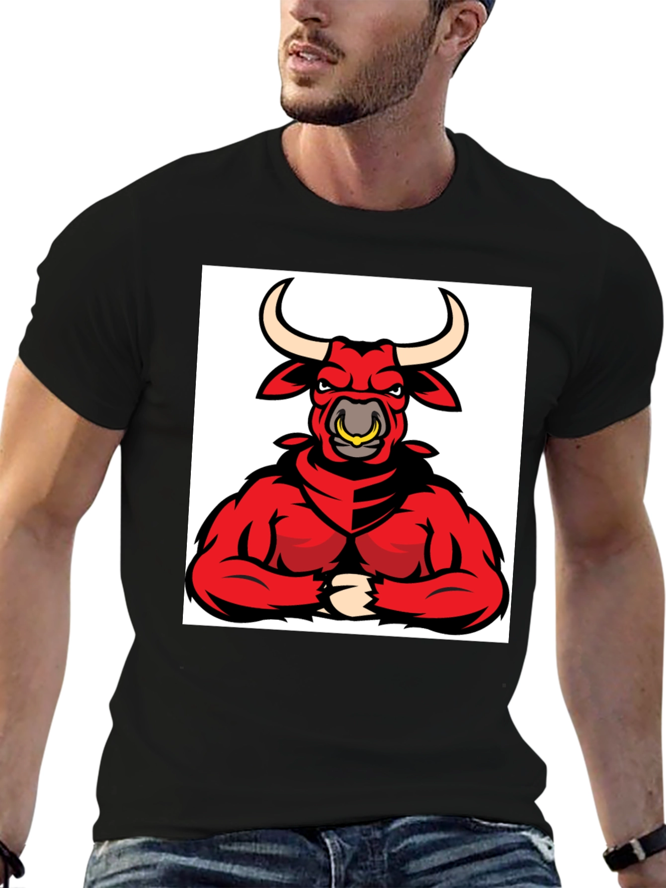 Mens Black T-Shirt with Red Bull Graphic