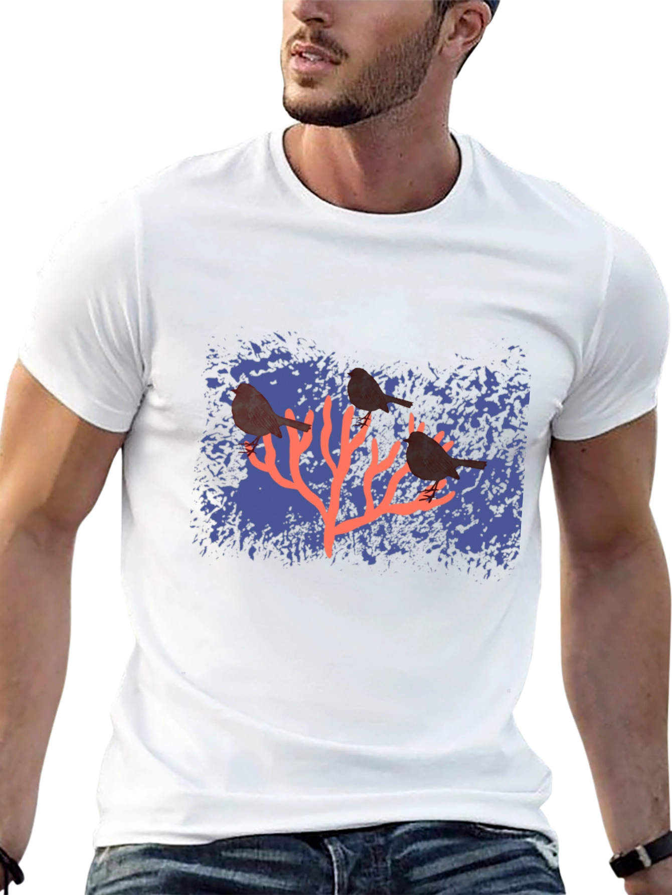 Birds on Coral Graphic T-Shirt