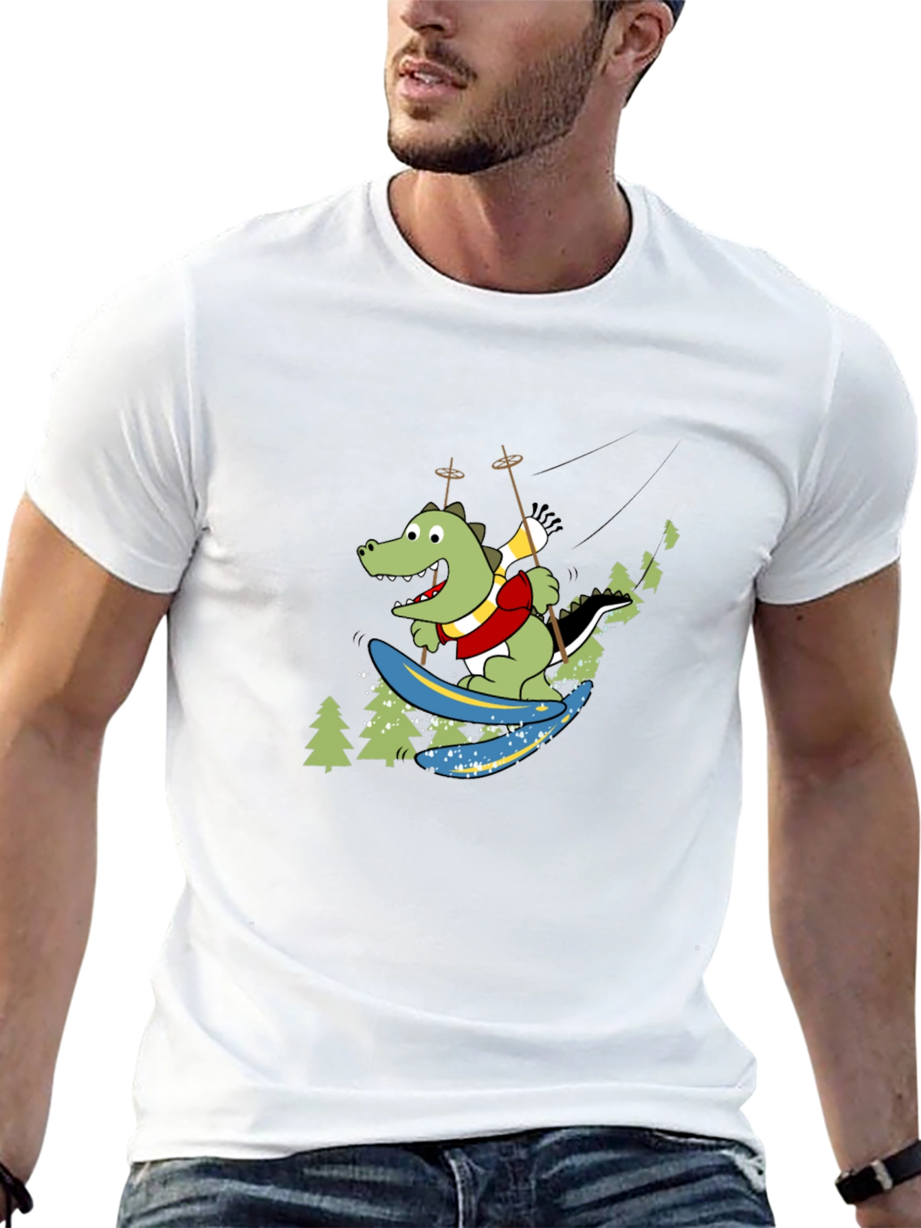 Skiing Crocodile Graphic Tee - Fun Black T-Shirt
