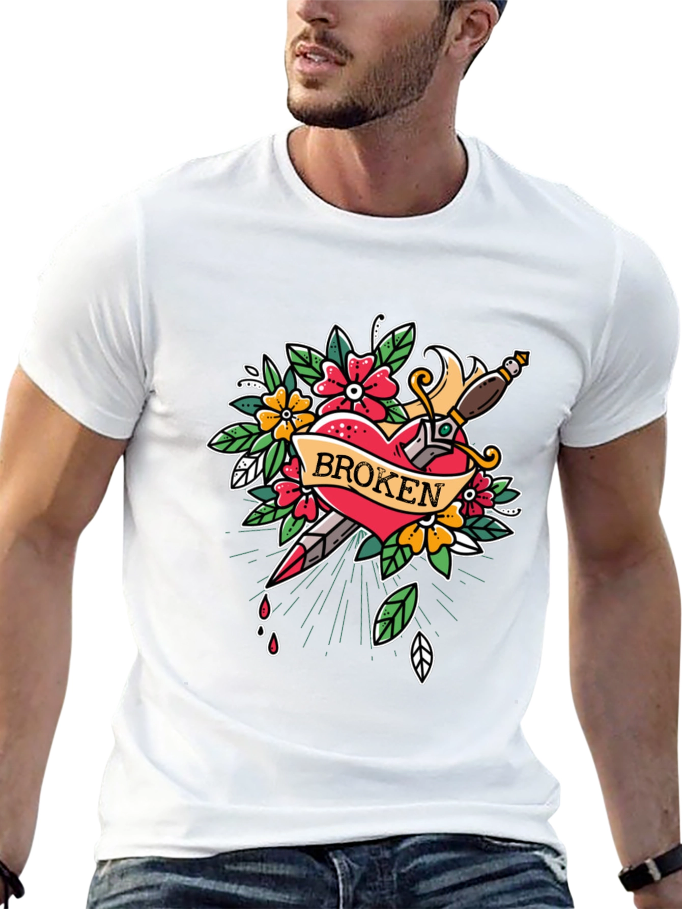 Broken Heart Dagger Graphic Print Black T-Shirt