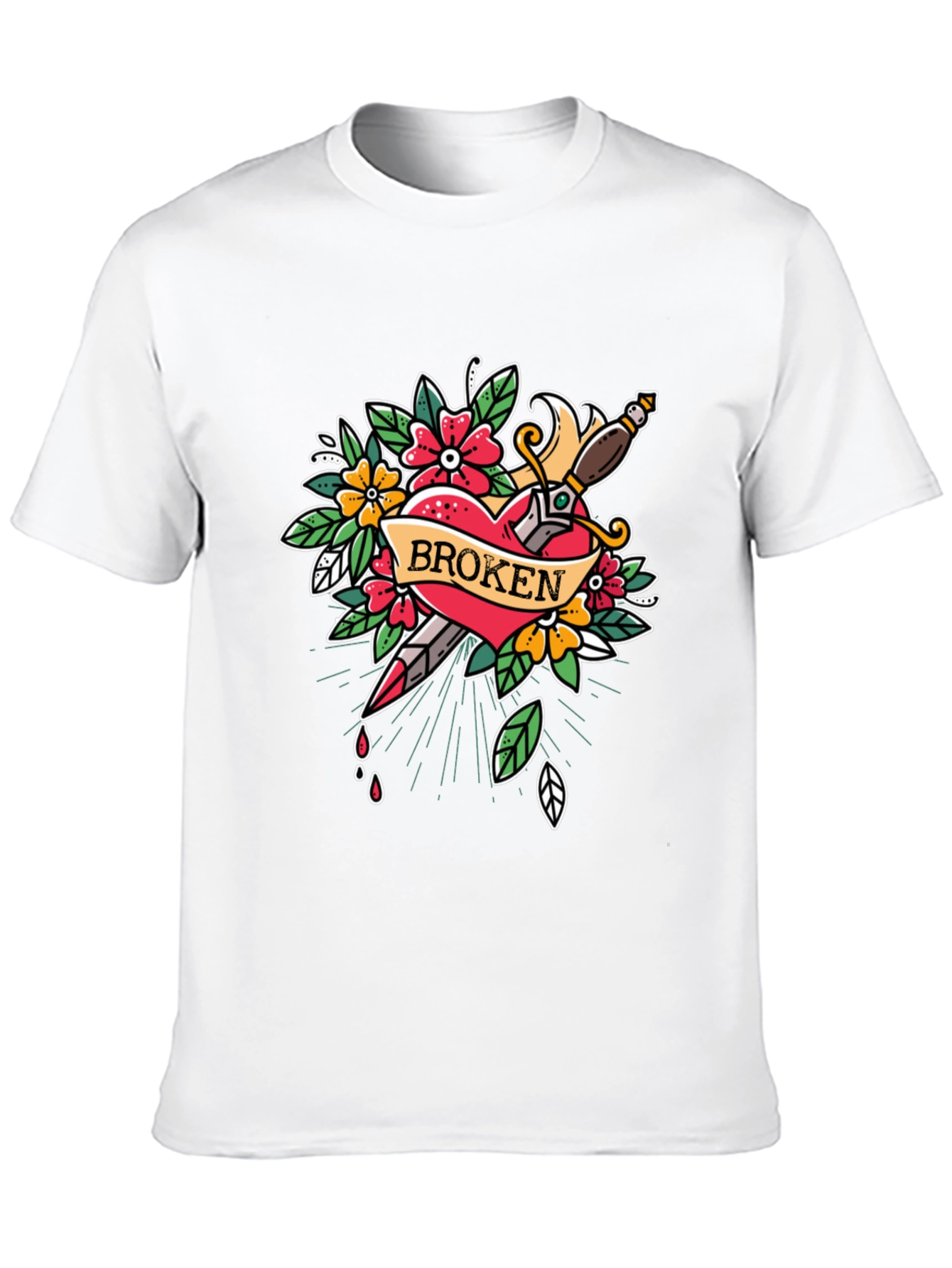 Broken Heart Dagger Graphic Print Black T-Shirt