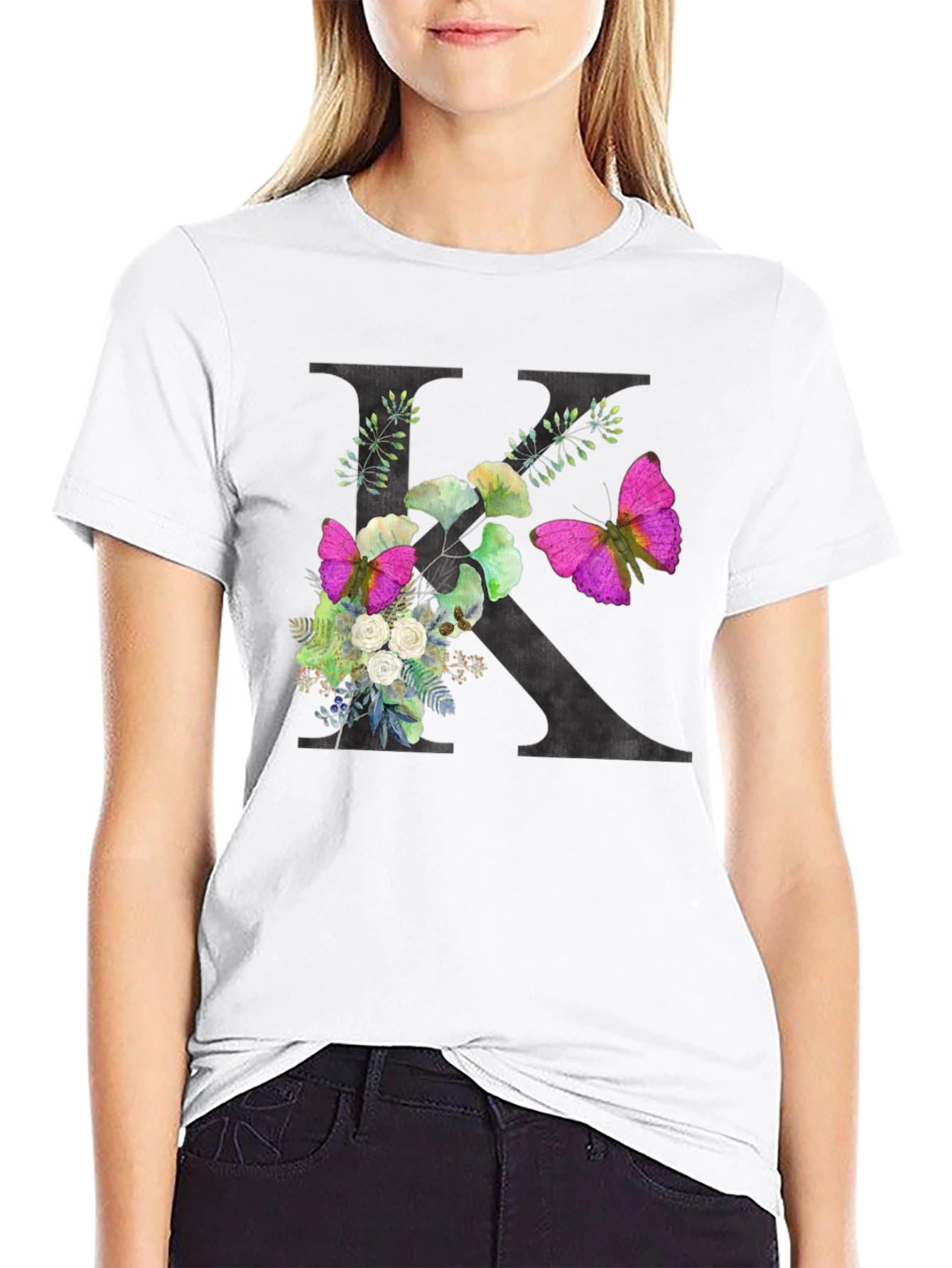 Floral K Initial Black T-Shirt