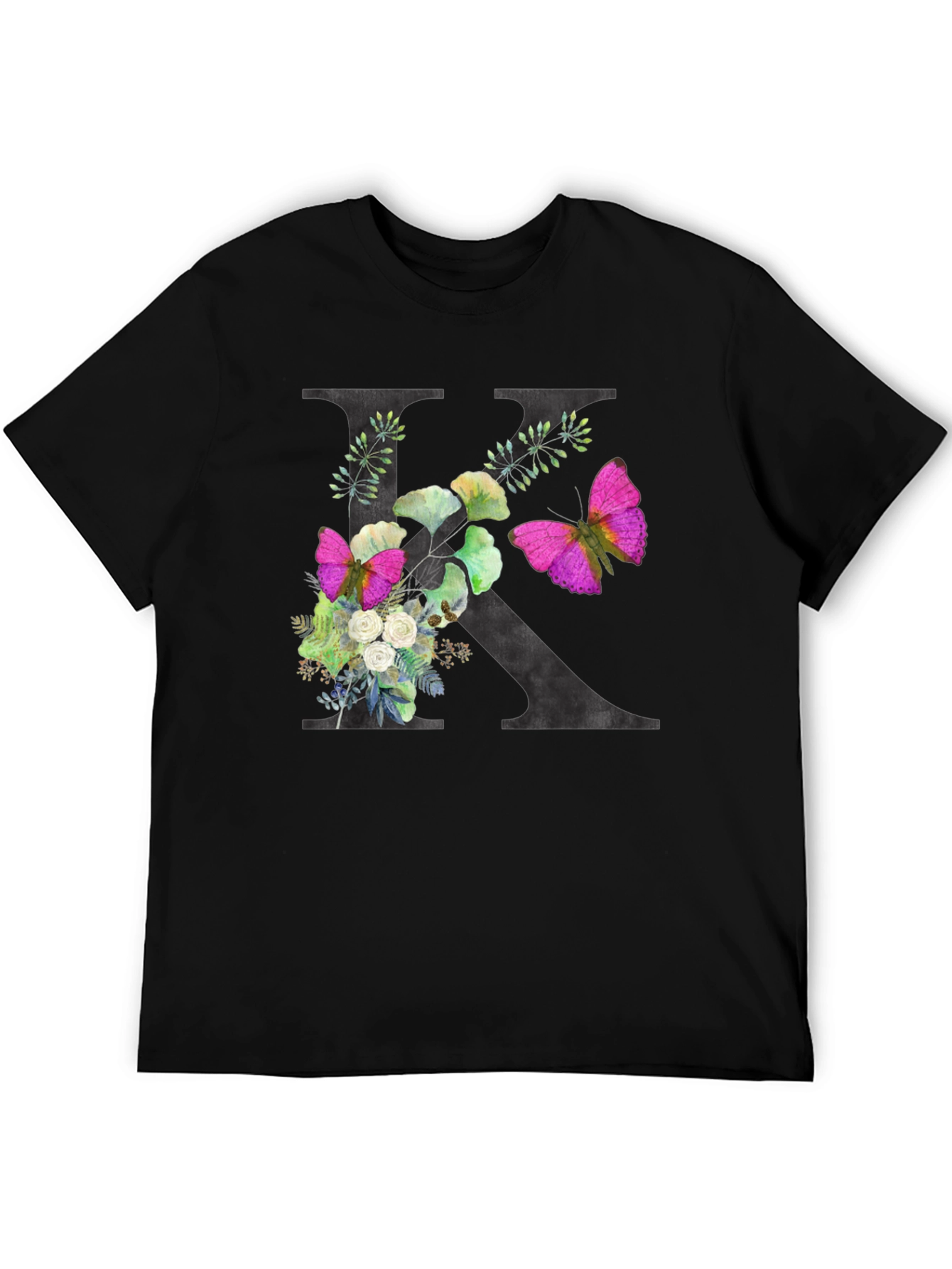 Floral K Initial Black T-Shirt