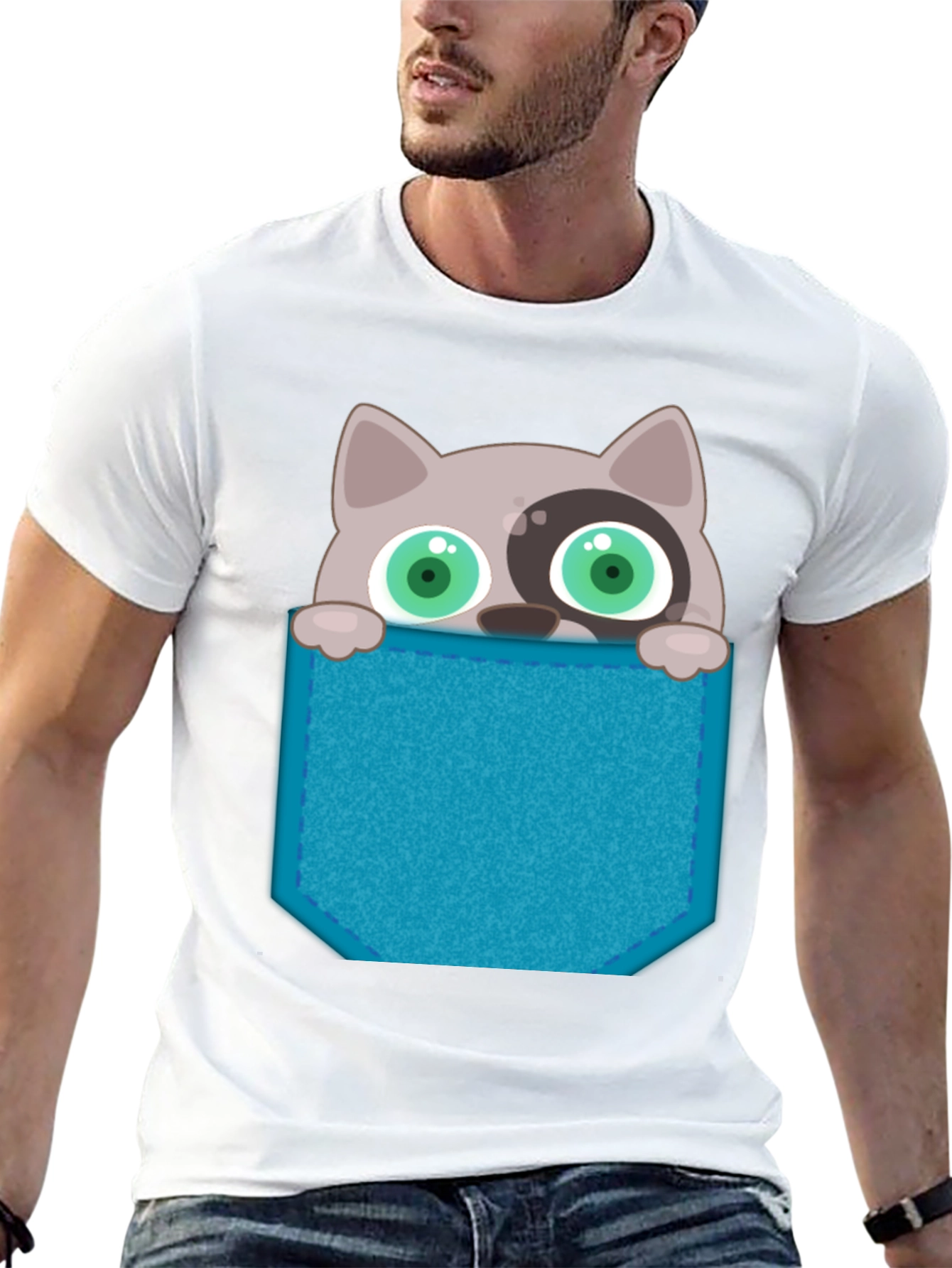 Cartoon Cat Pocket T-Shirt - Novelty Graphic Tee