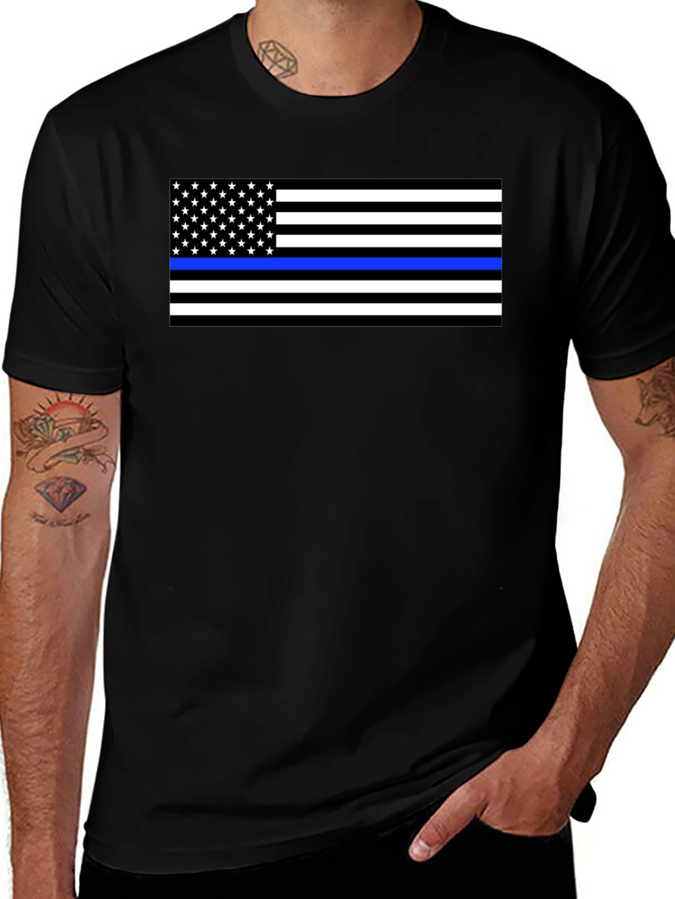 Thin Blue Line Flag Graphic T-Shirt - Black