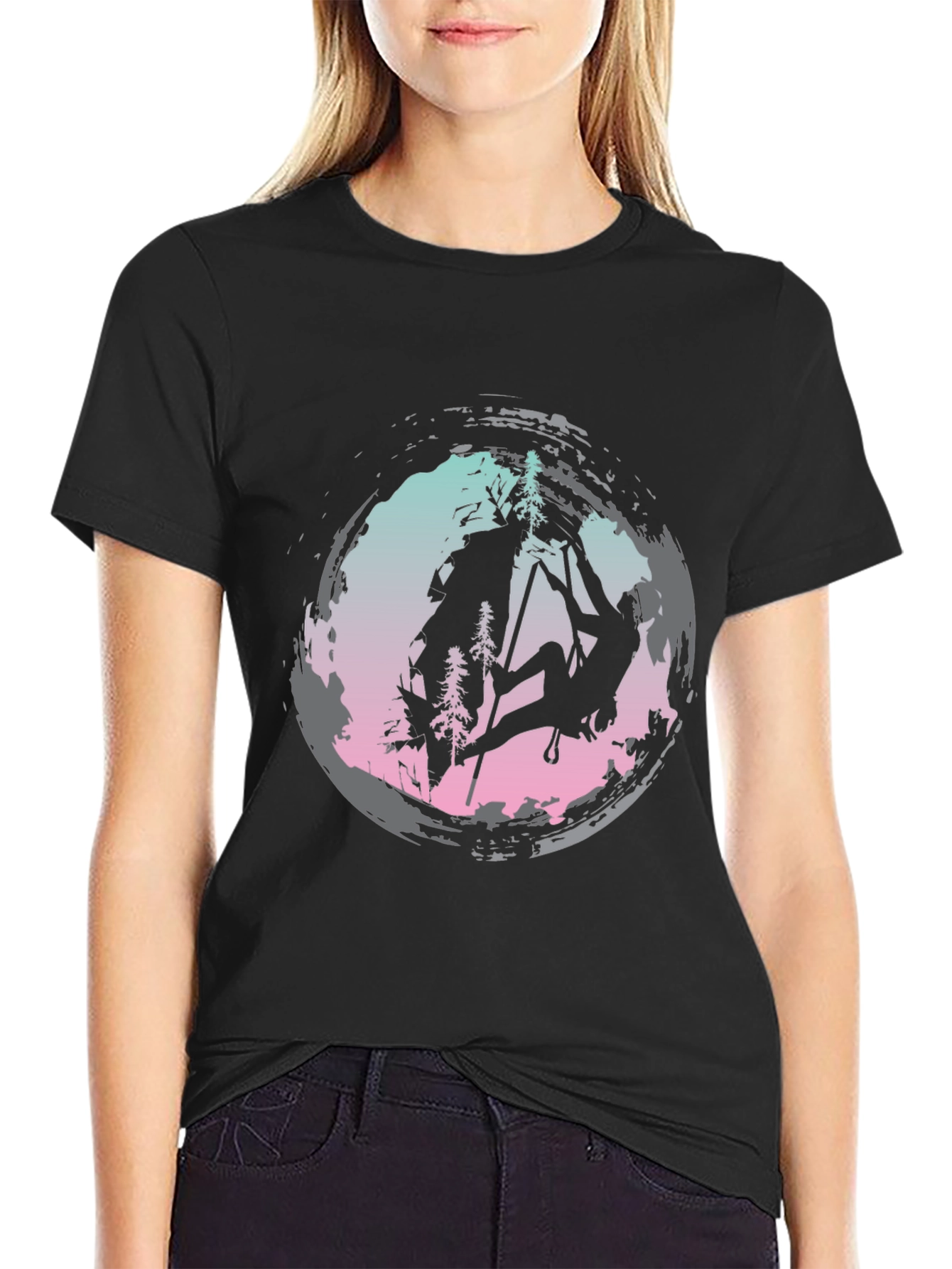 Climbing Silhouette Graphic Tee - Black Cotton Shirt