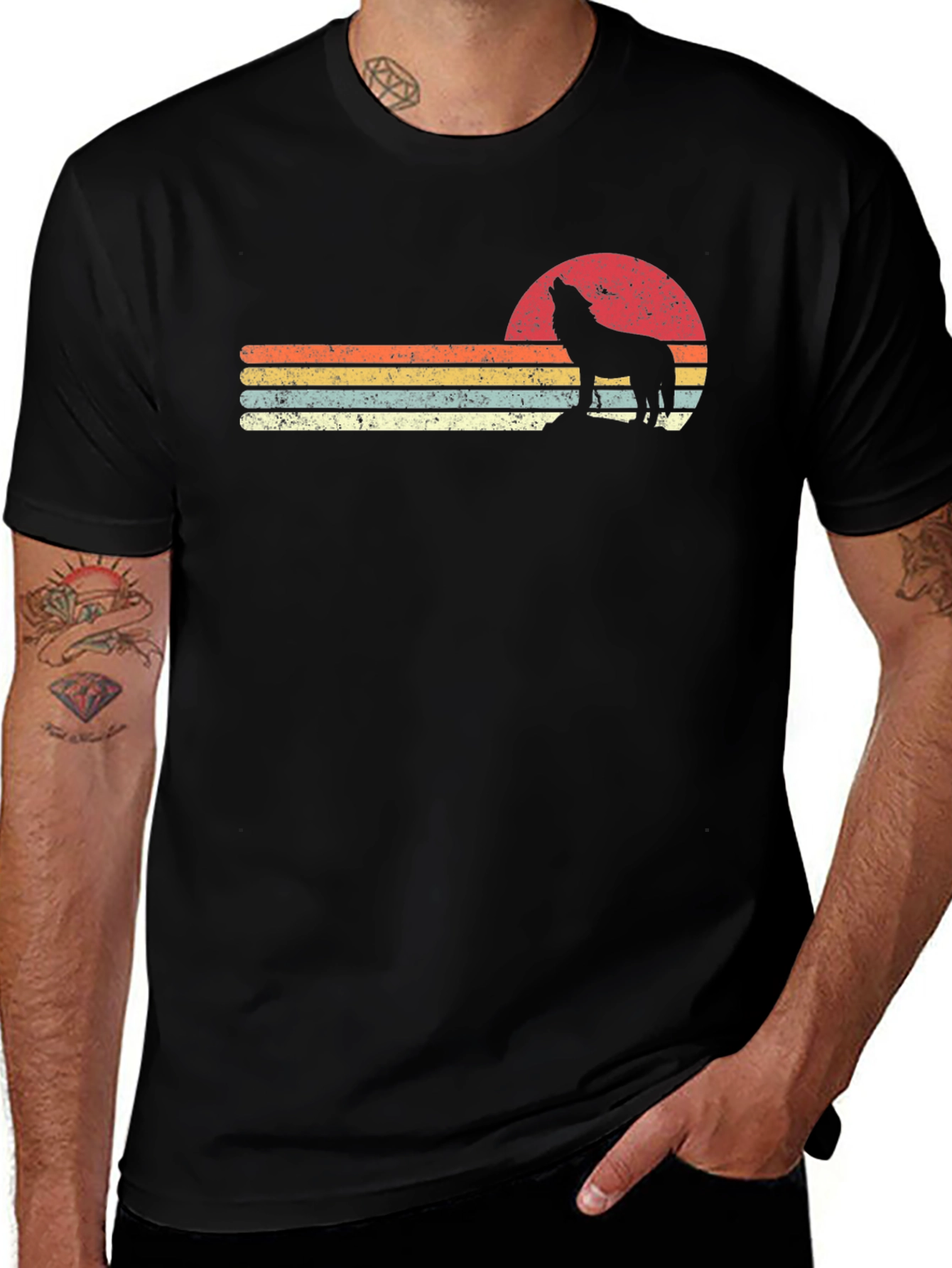 Retro Wolf Sunset Graphic T-Shirt