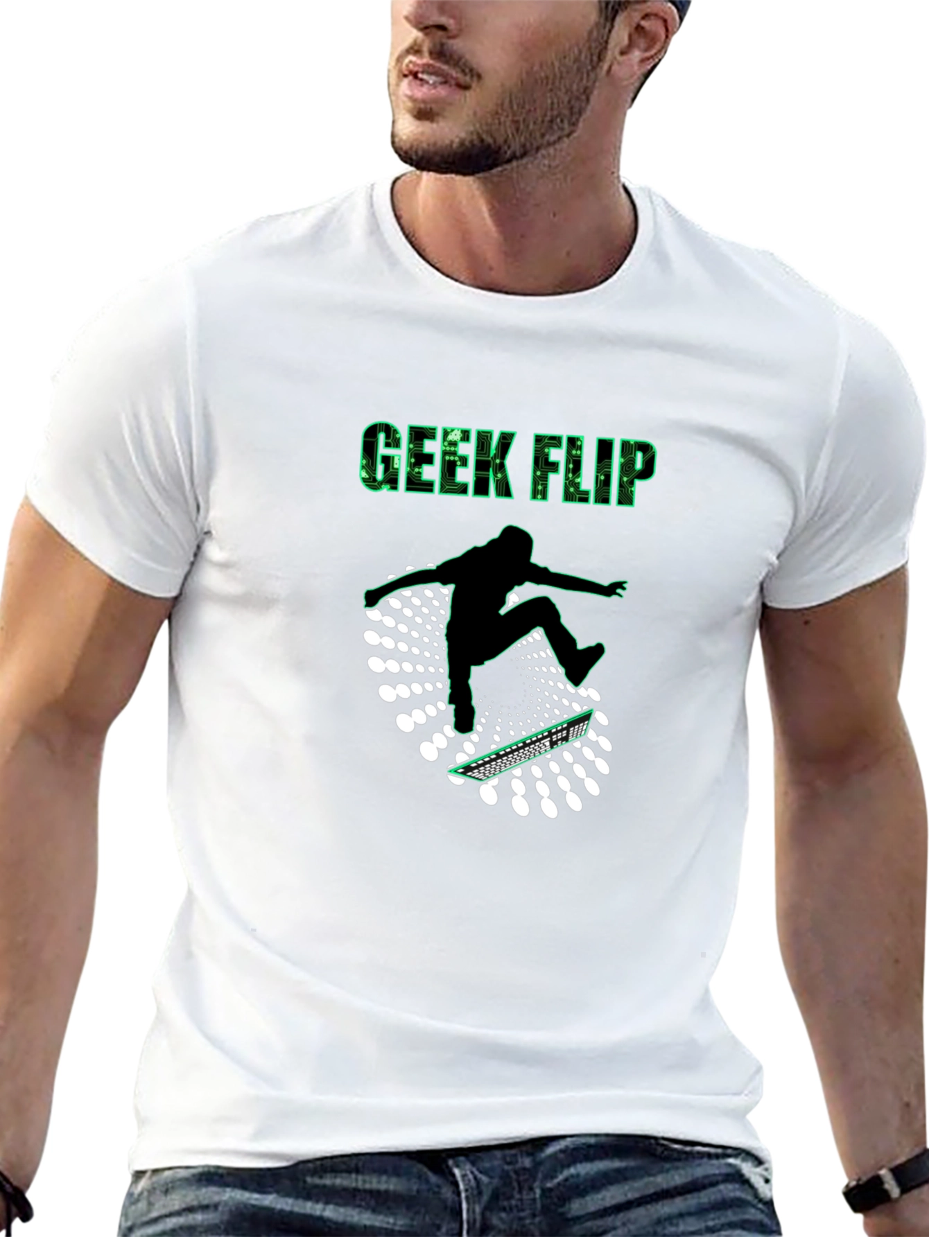 Geek Flip Skateboarder Graphic T-Shirt