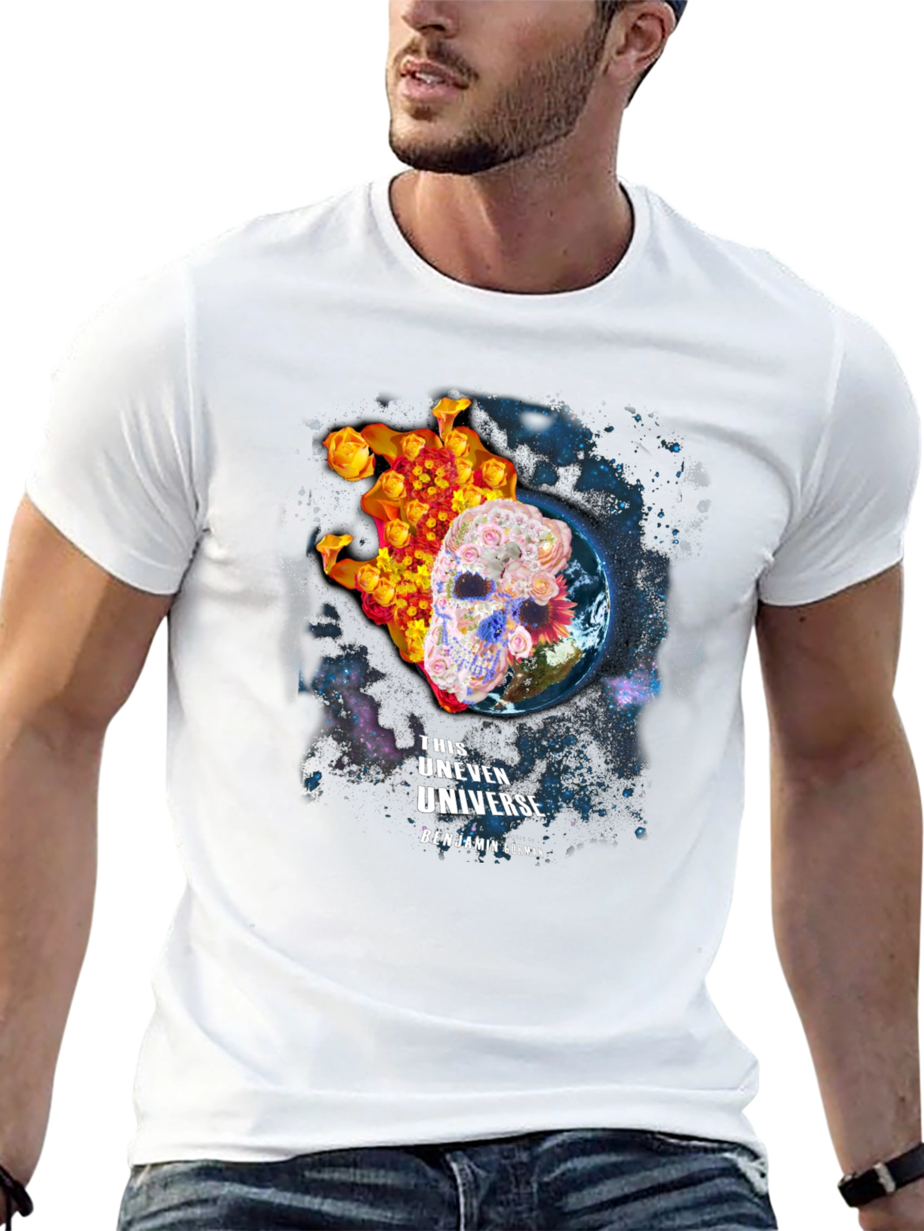 Floral Skull Universe Graphic T-Shirt - Black