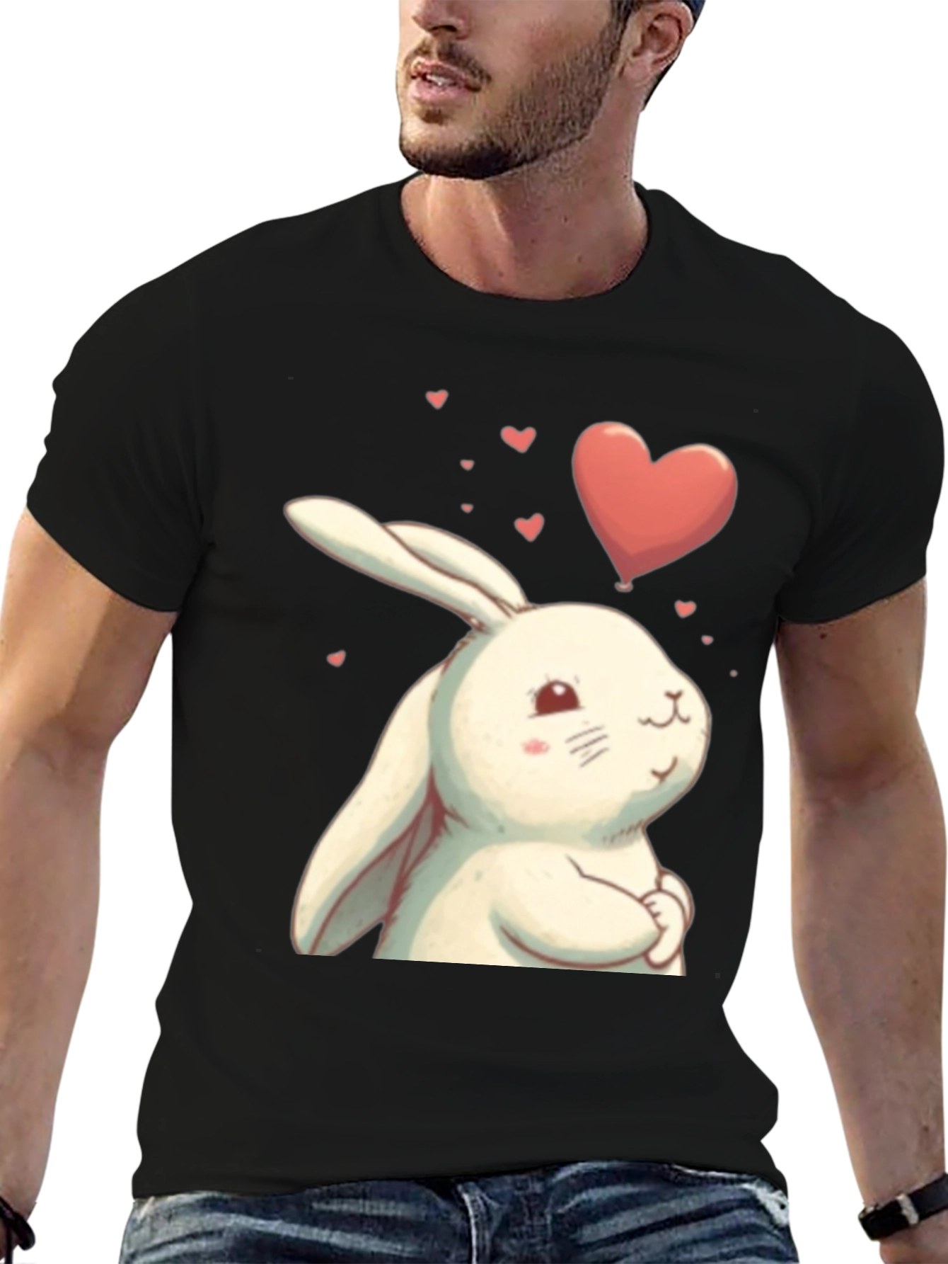 Cute Bunny Heart Graphic Black T-Shirt