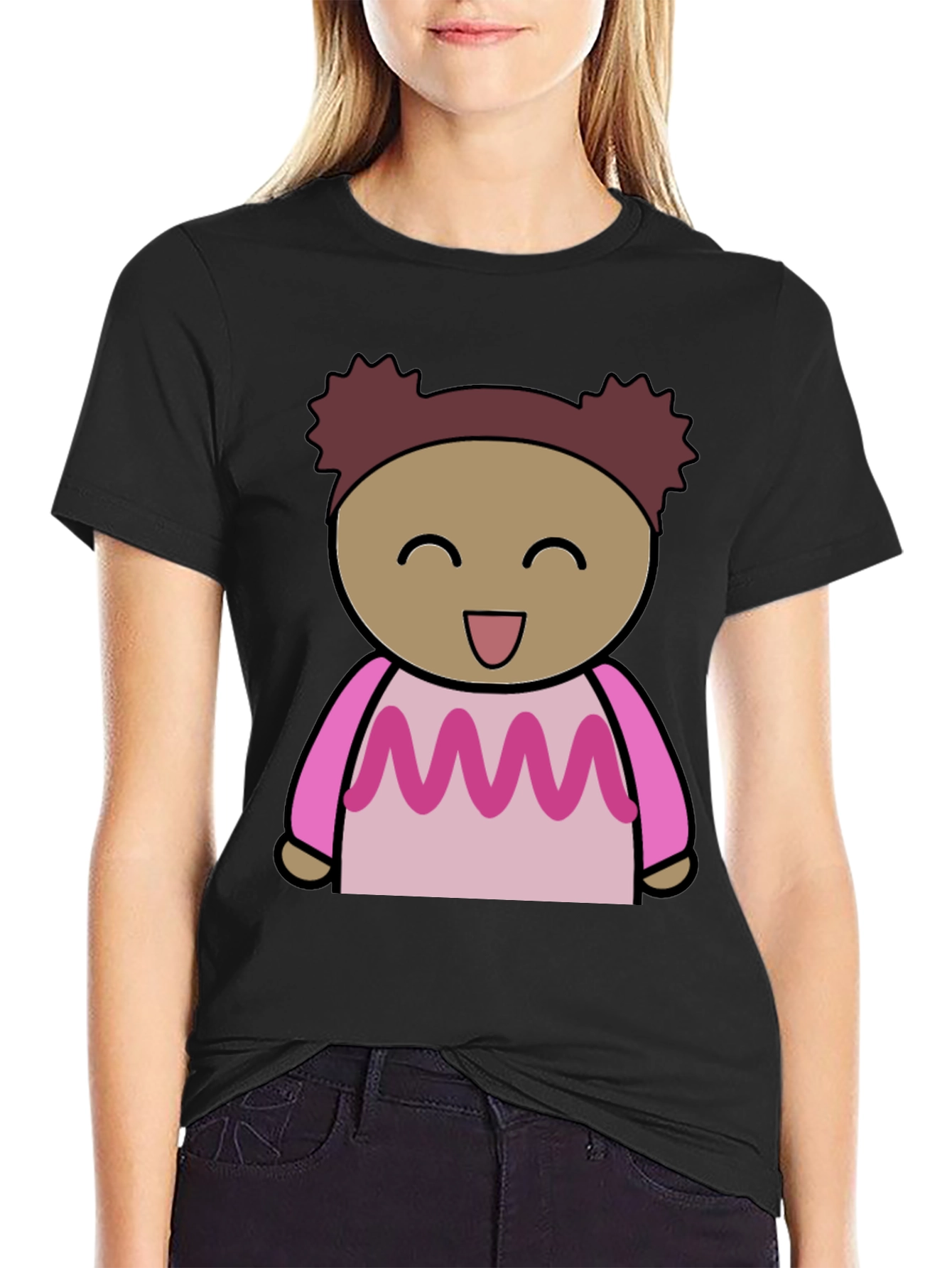 Cartoon Girl Graphic Print Black T-Shirt