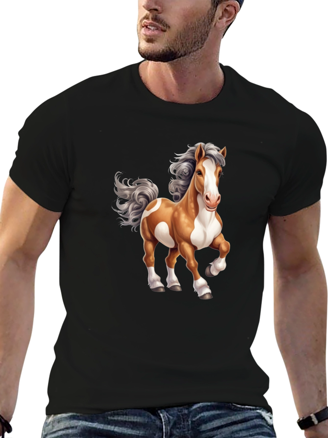 Horse Cartoon Graphic Tee - Mens Black T-Shirt