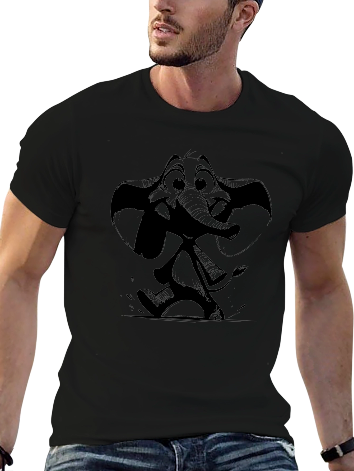 Elephant Cartoon Graphic Black T-Shirt