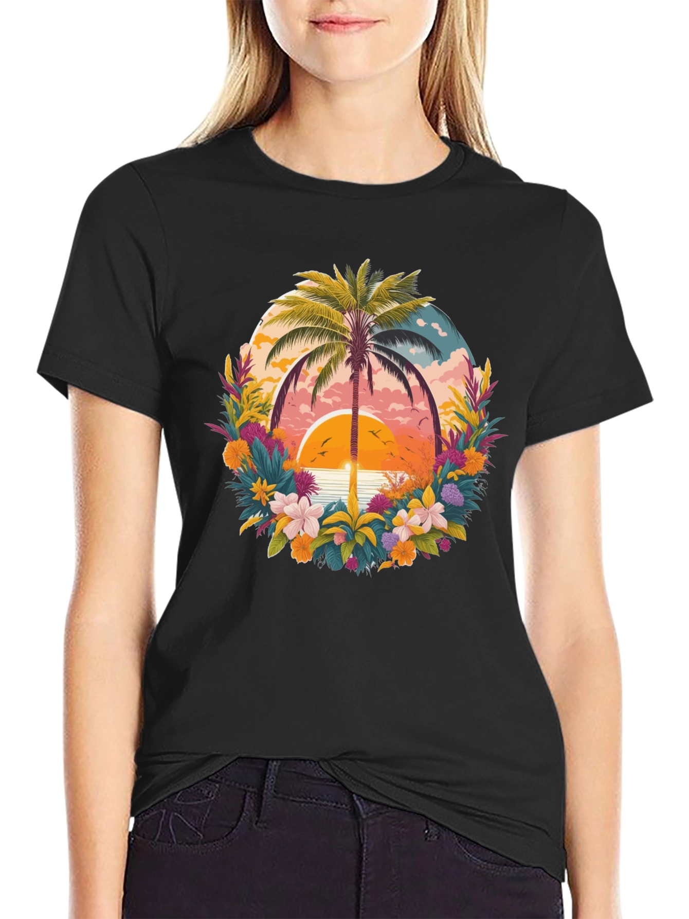 Tropical Sunset Palm Tree Graphic T-Shirt