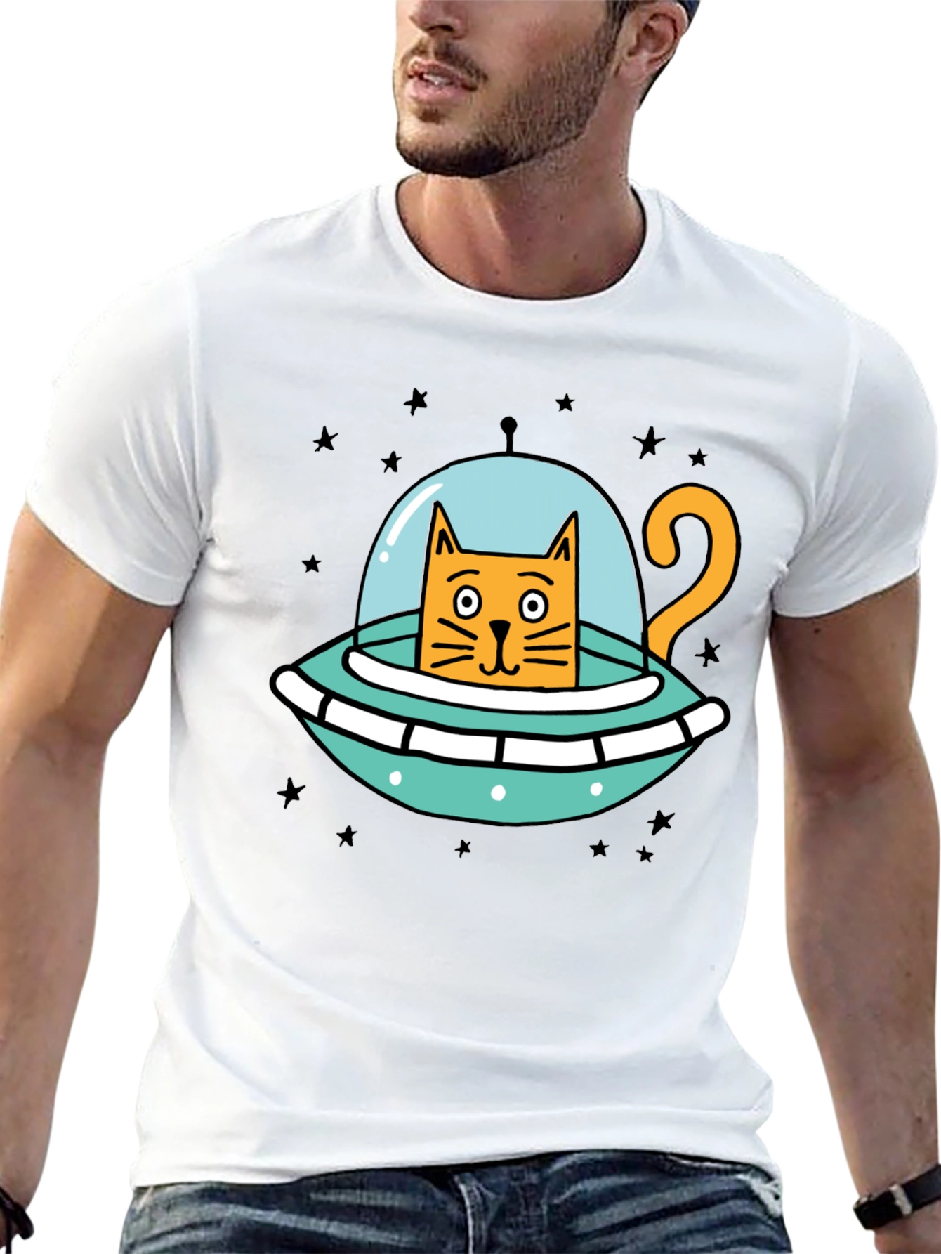 Cosmic Cat UFO Black T-Shirt