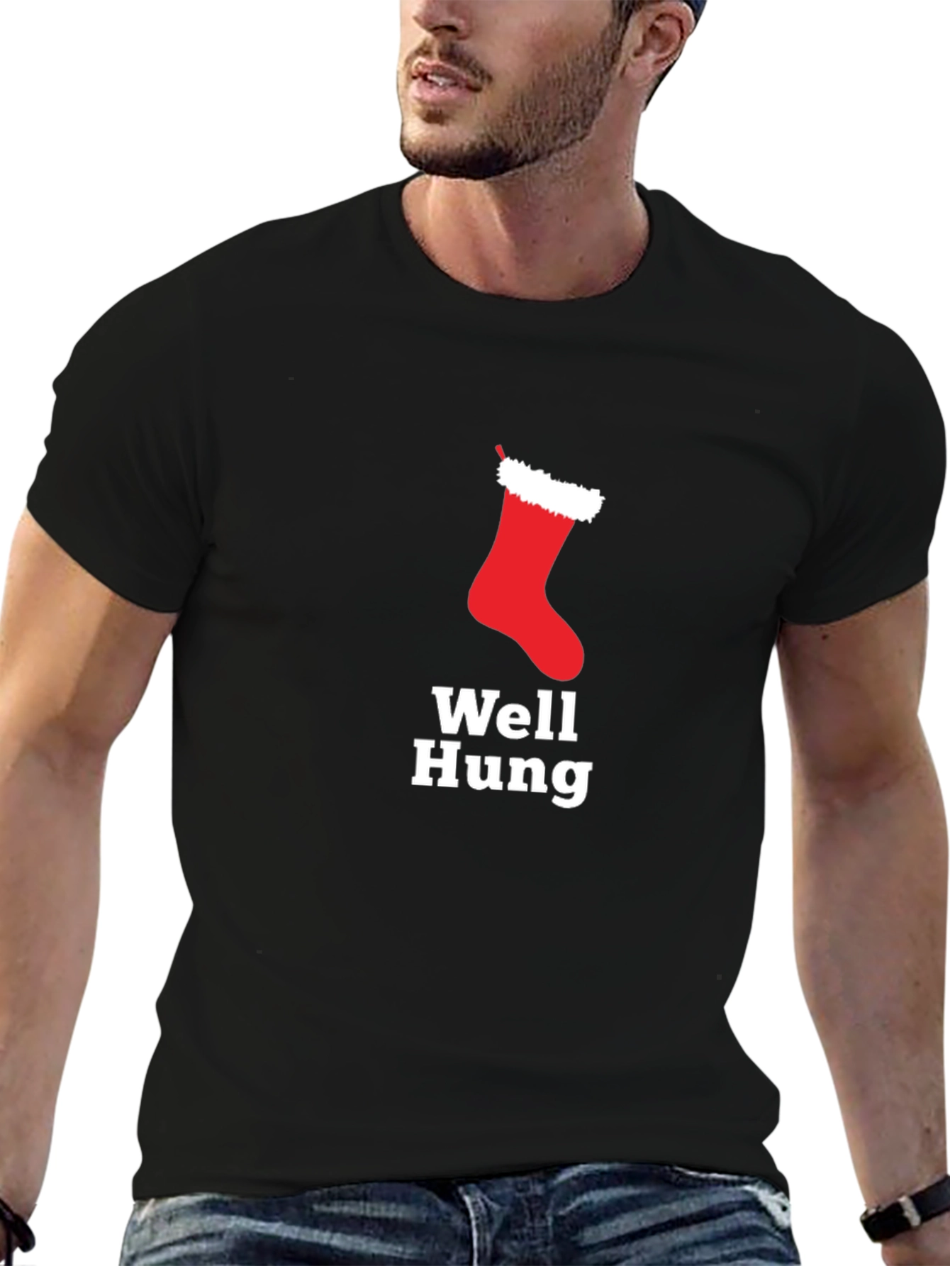 Well Hung Christmas Stocking Holiday Humor T-Shirt