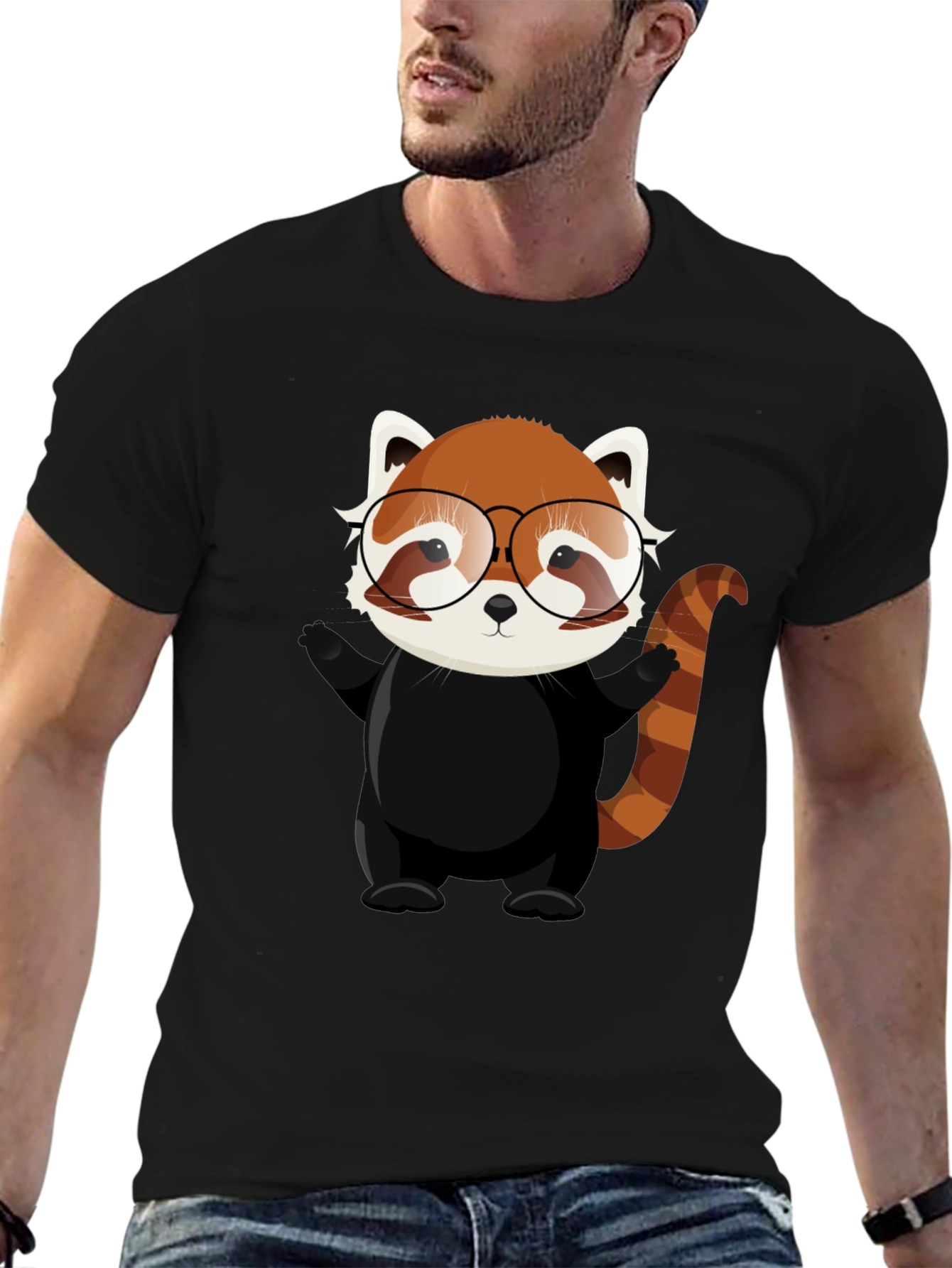 Red Panda with Glasses Black T-Shirt