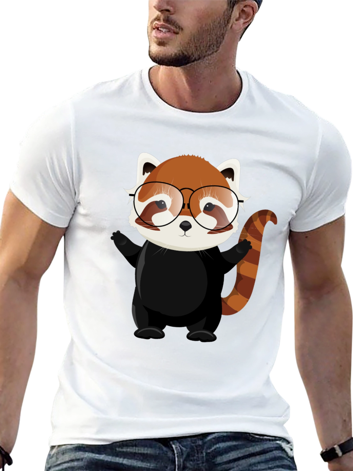 Red Panda with Glasses Black T-Shirt