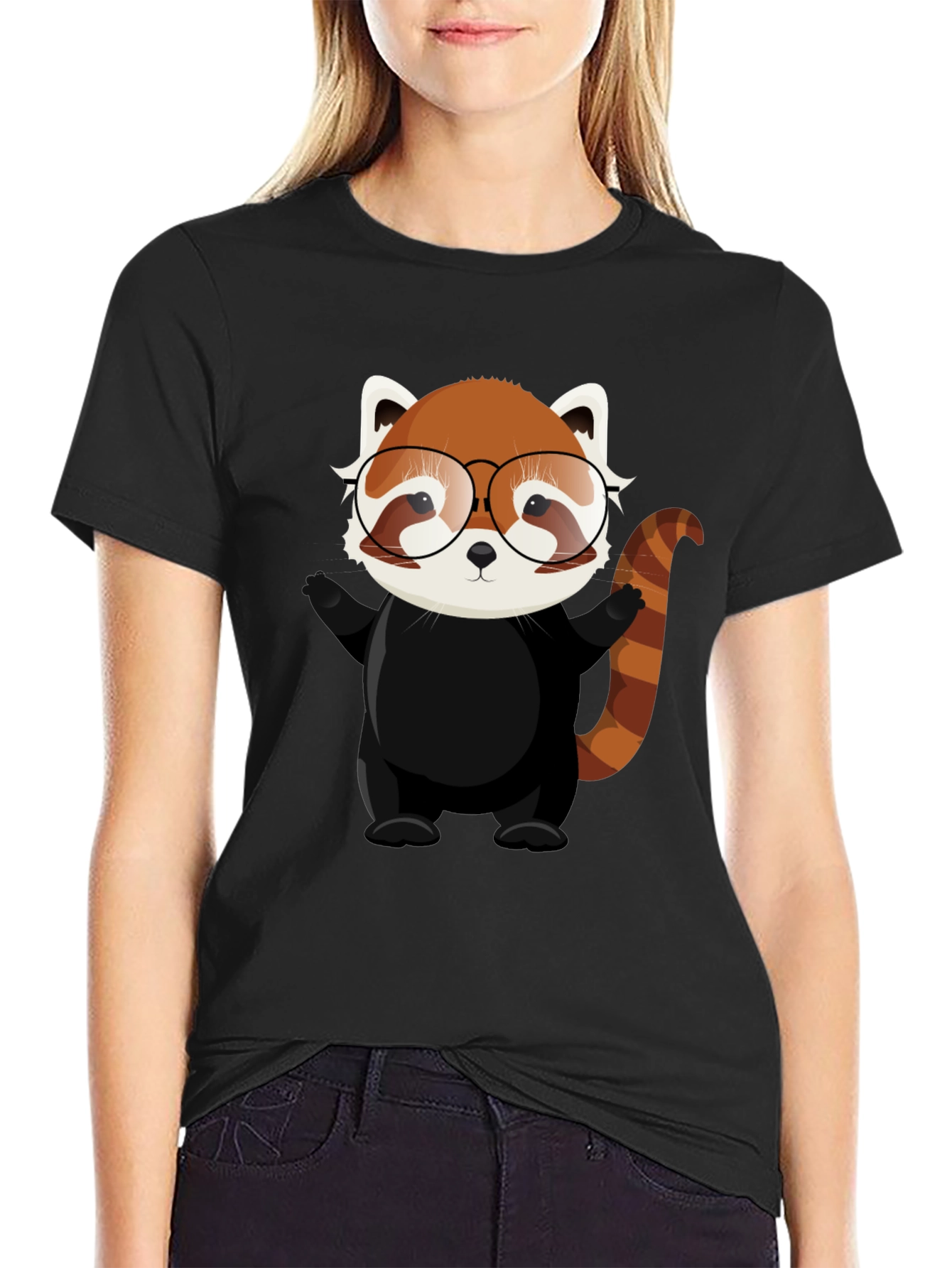 Red Panda with Glasses Black T-Shirt