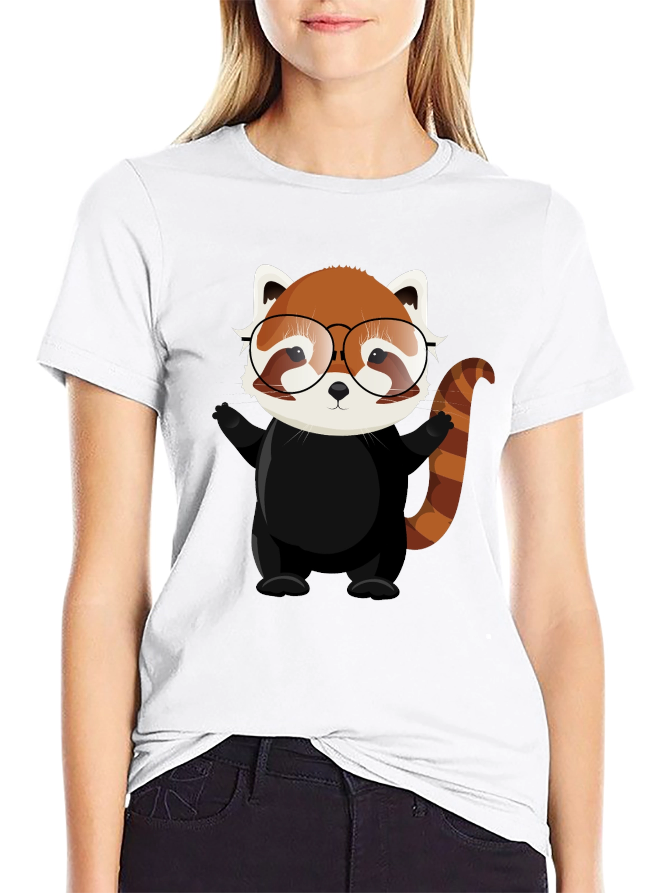 Red Panda with Glasses Black T-Shirt