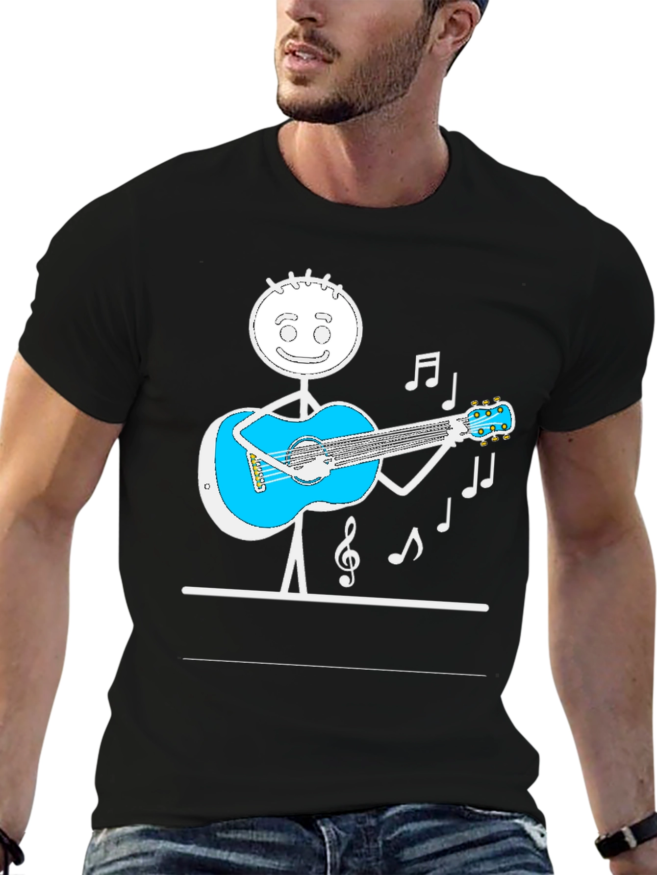 Stick Figure Guitarist Tee - Playful Black T-Shirt